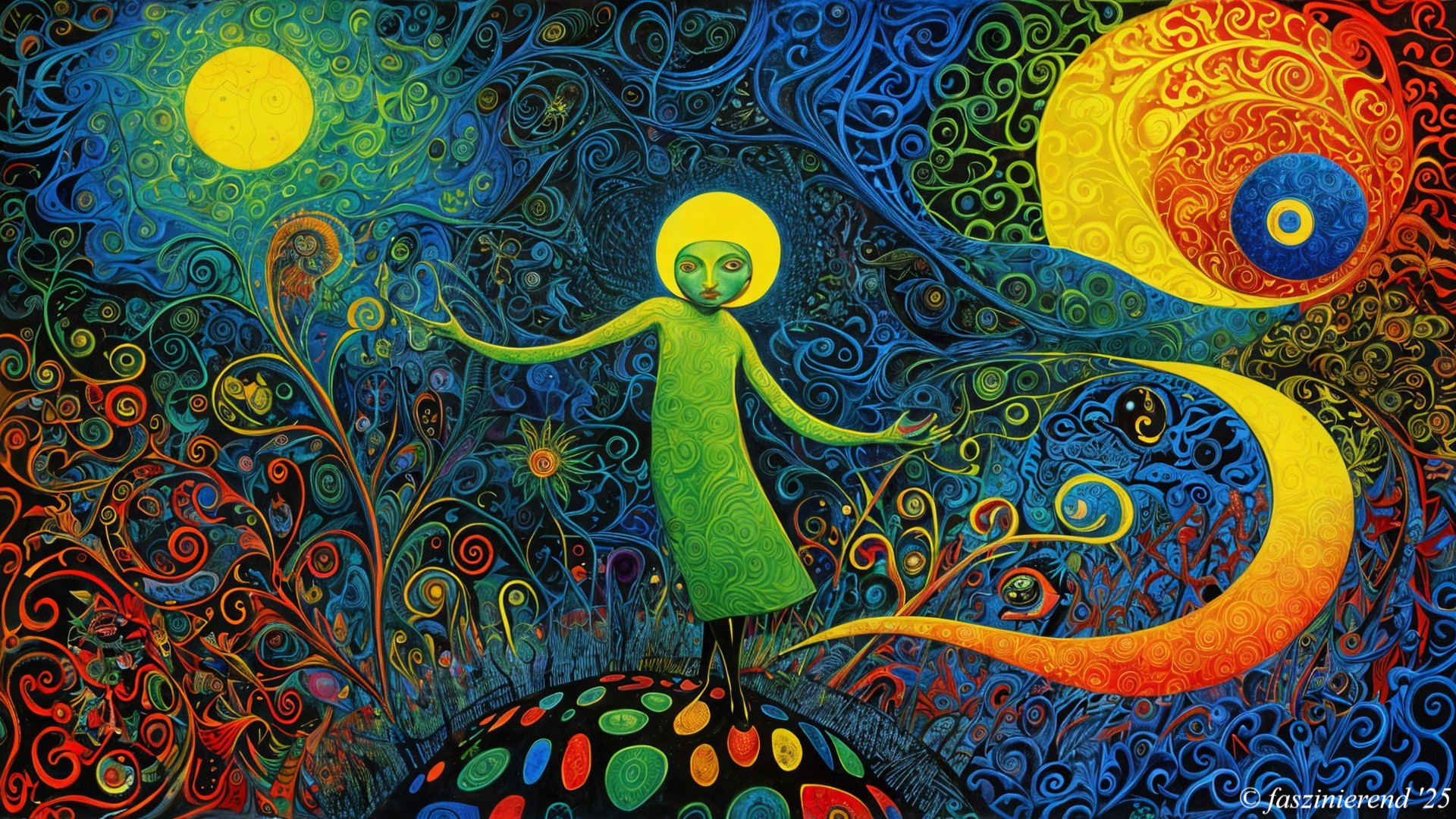 Surreal Landscape with Whimsical Figure and Cosmos
