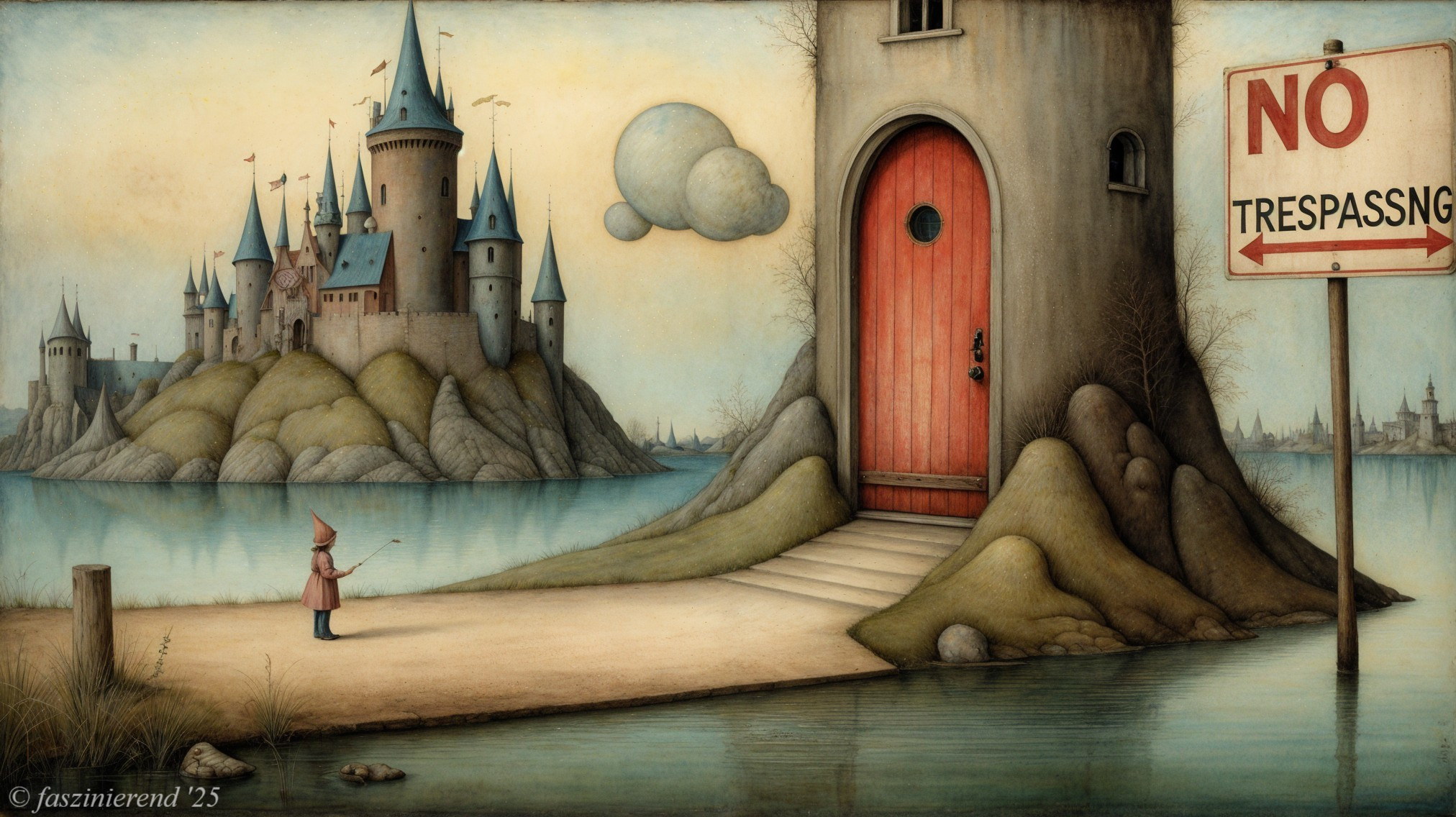 Whimsical Landscape with Child Fishing and Castle