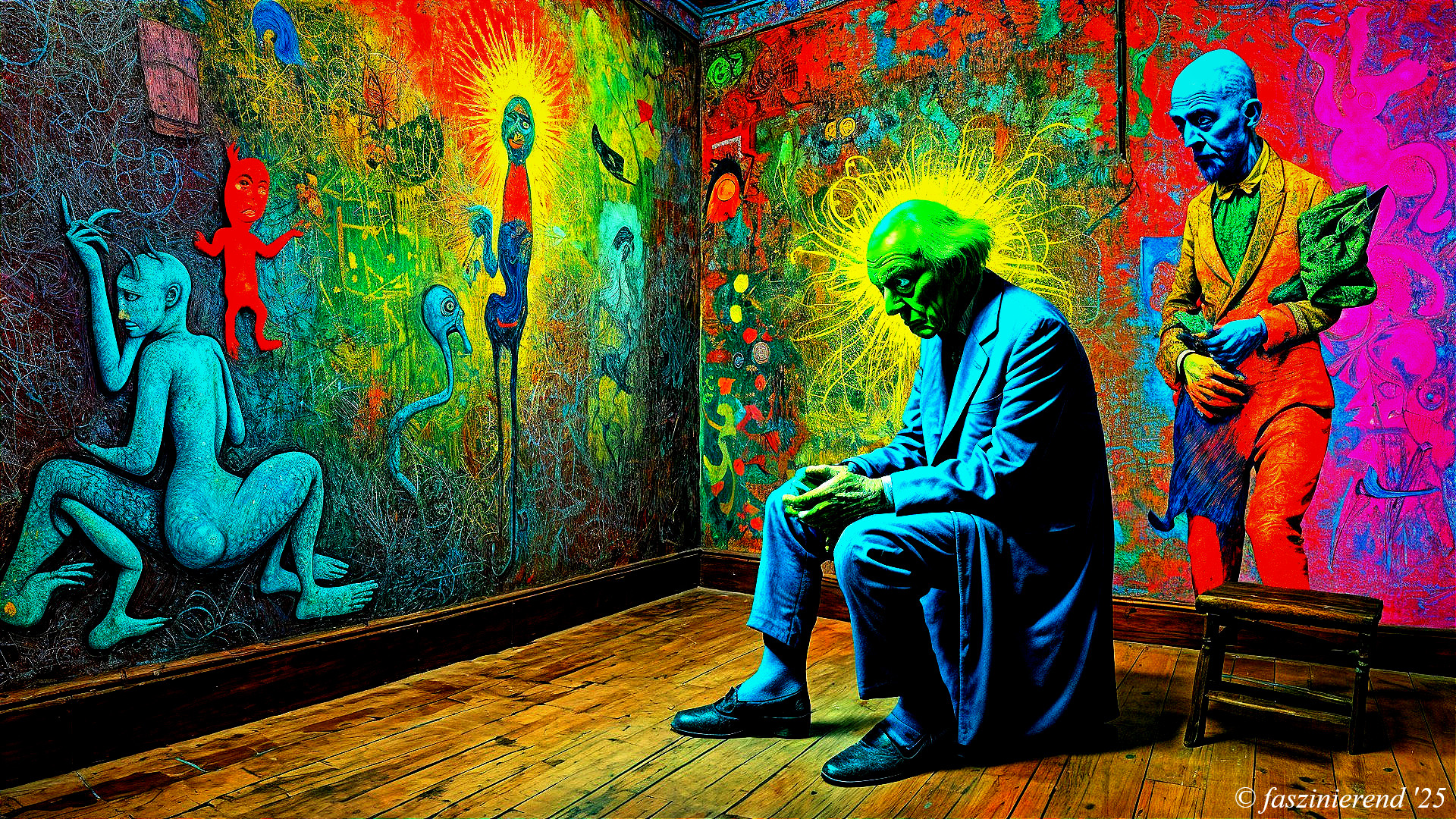 Surreal Room with Abstract Murals and Contemplative Figures