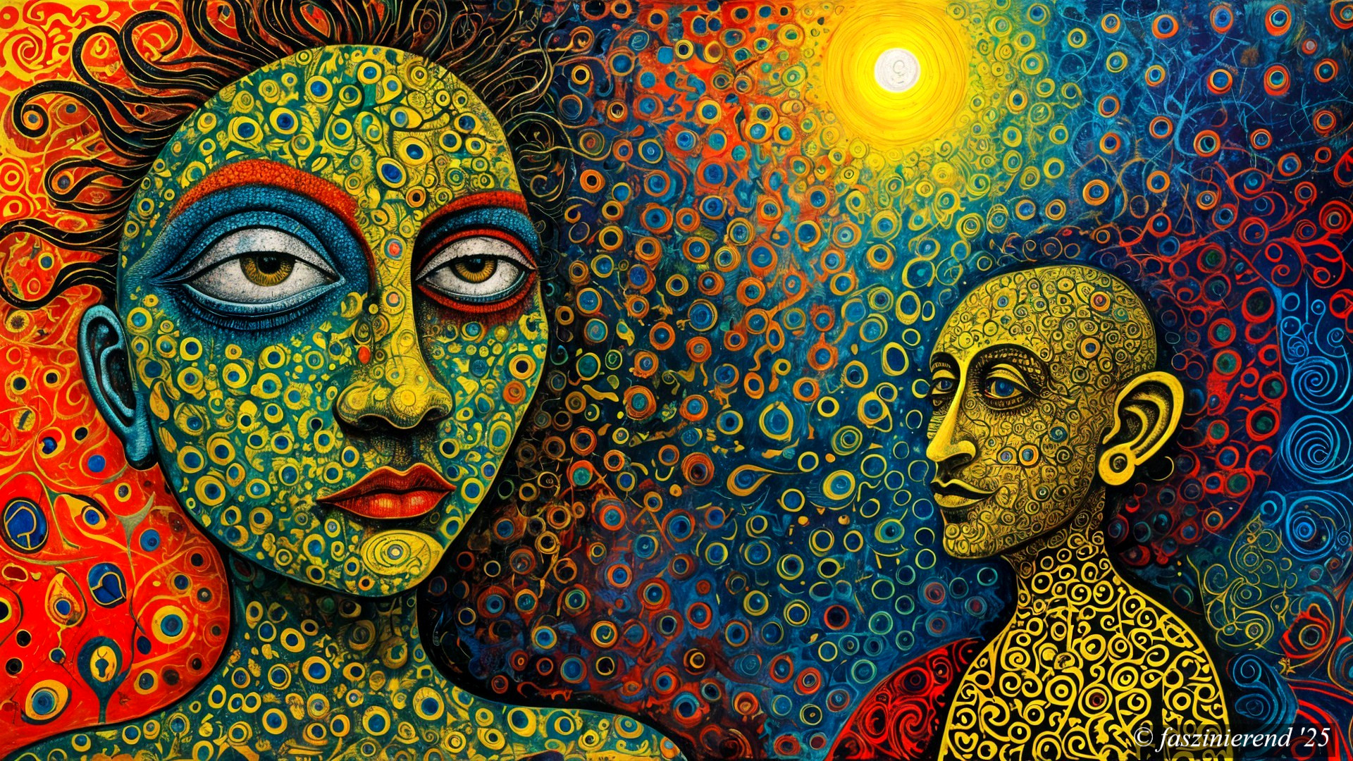 Vibrant Abstract Painting with Stylized Figures and Sun