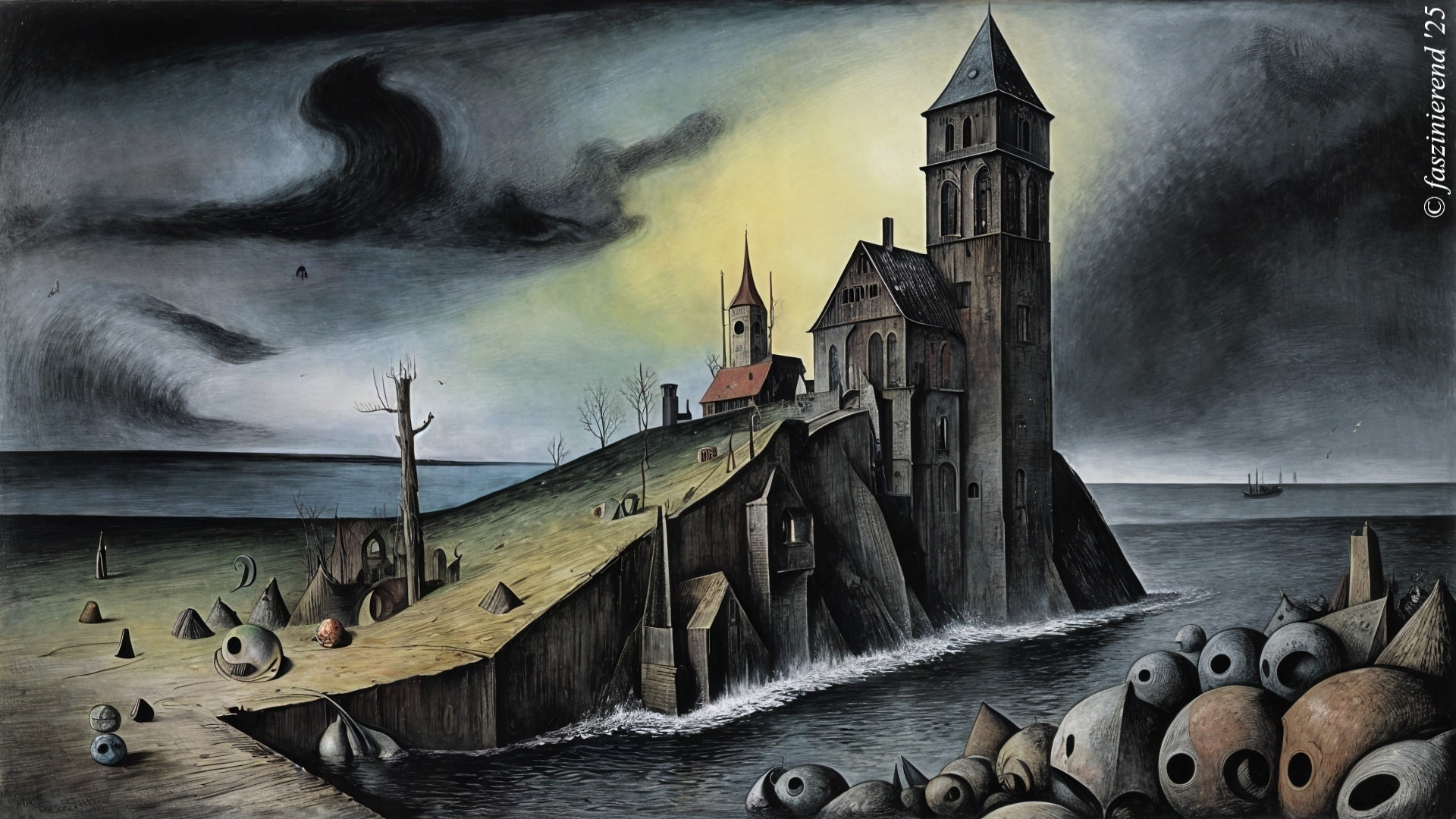 Surreal Landscape with Castle and Turbulent Sea