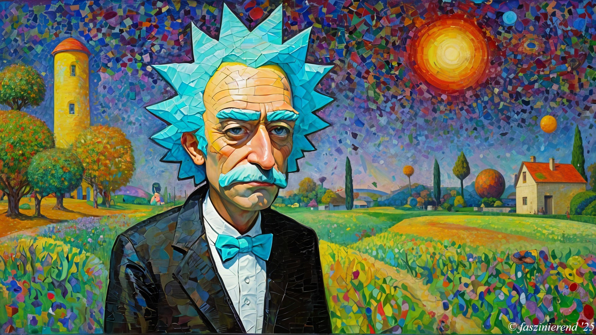Character with Blue Spiky Hair in Vibrant Landscape
