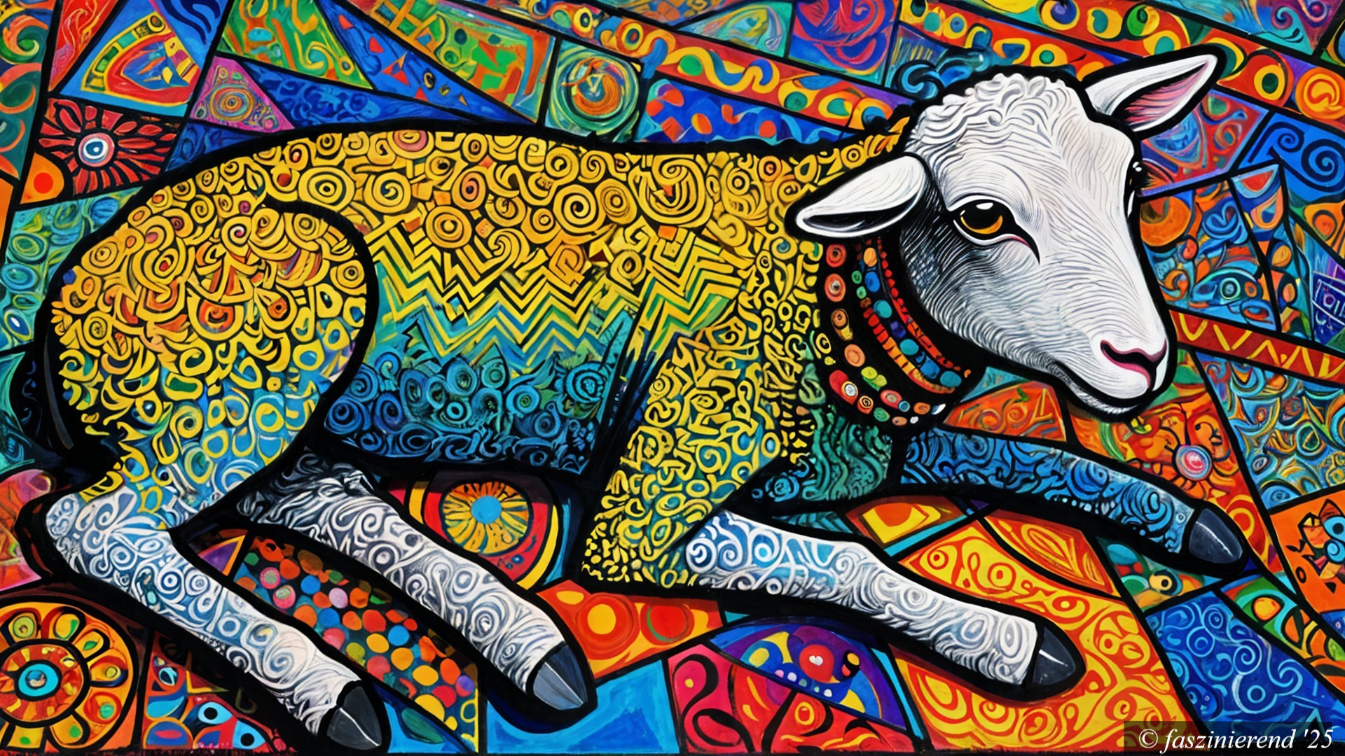 Colorful Stylized Sheep on Vibrant Patterned Background