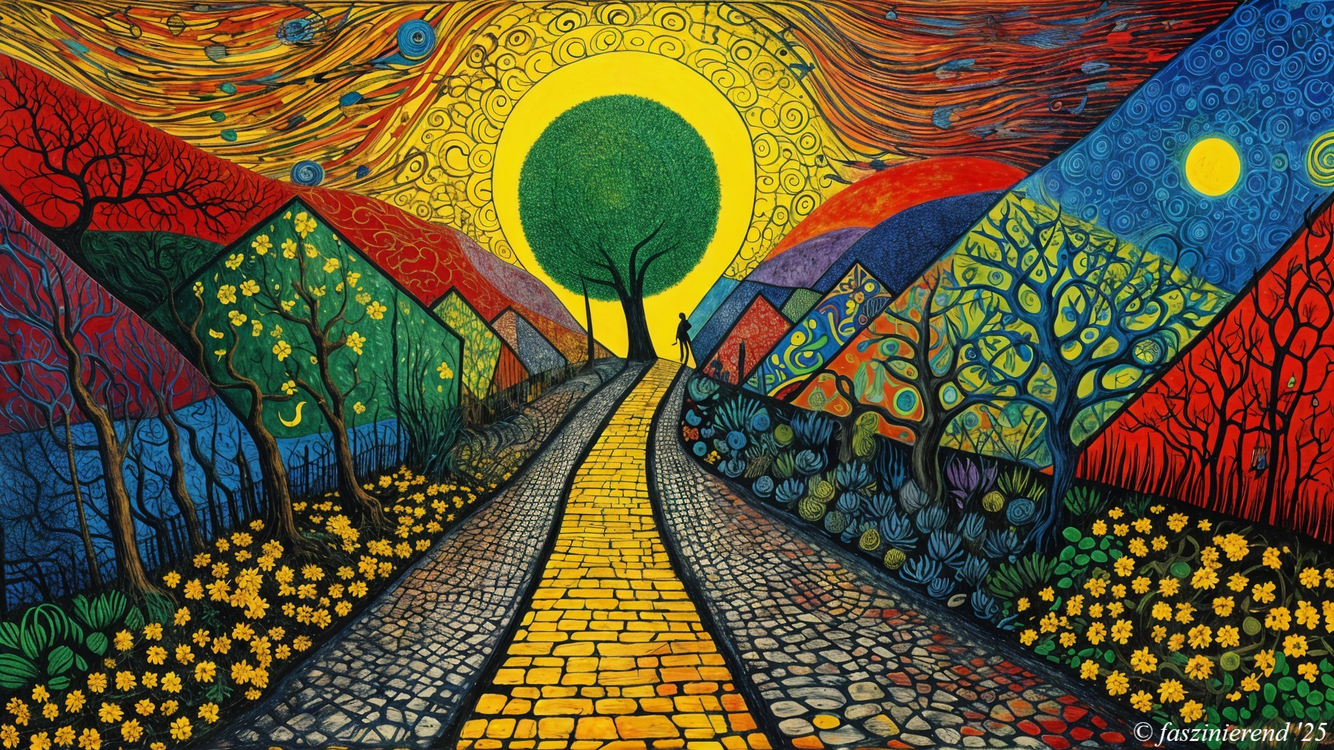 Vibrant Landscape with Cobblestone Path and Sun
