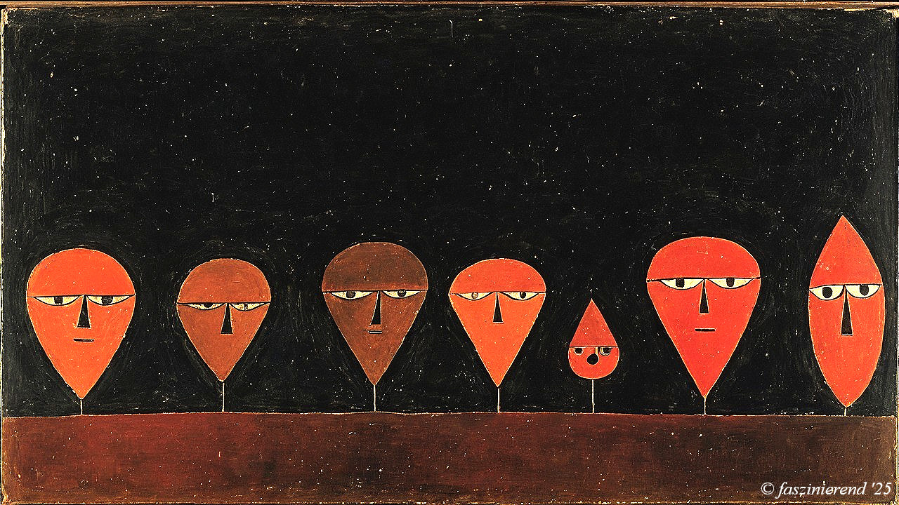 Abstract Figures in Red and Brown on Dark Background