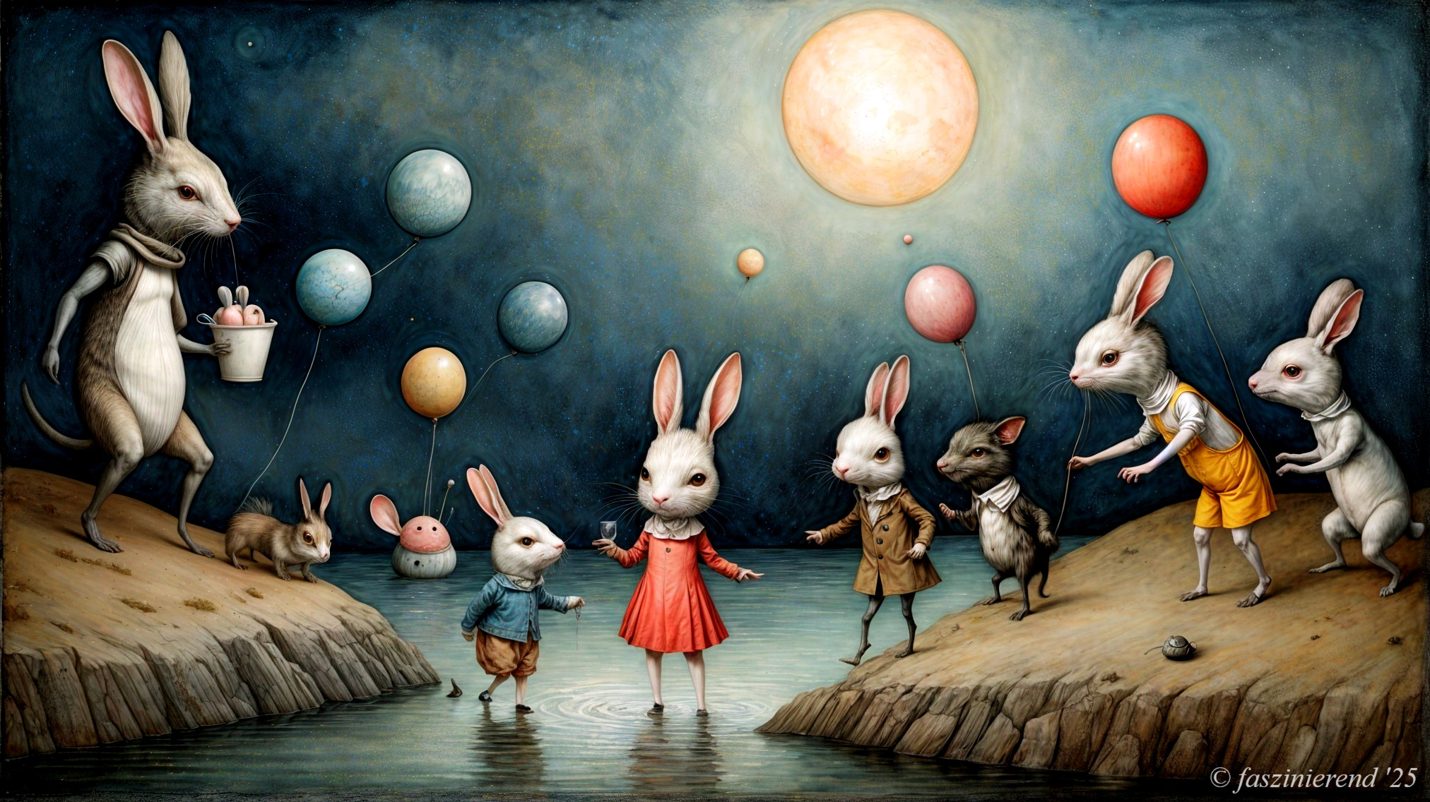 Anthropomorphic rabbits in whimsical moonlit gathering