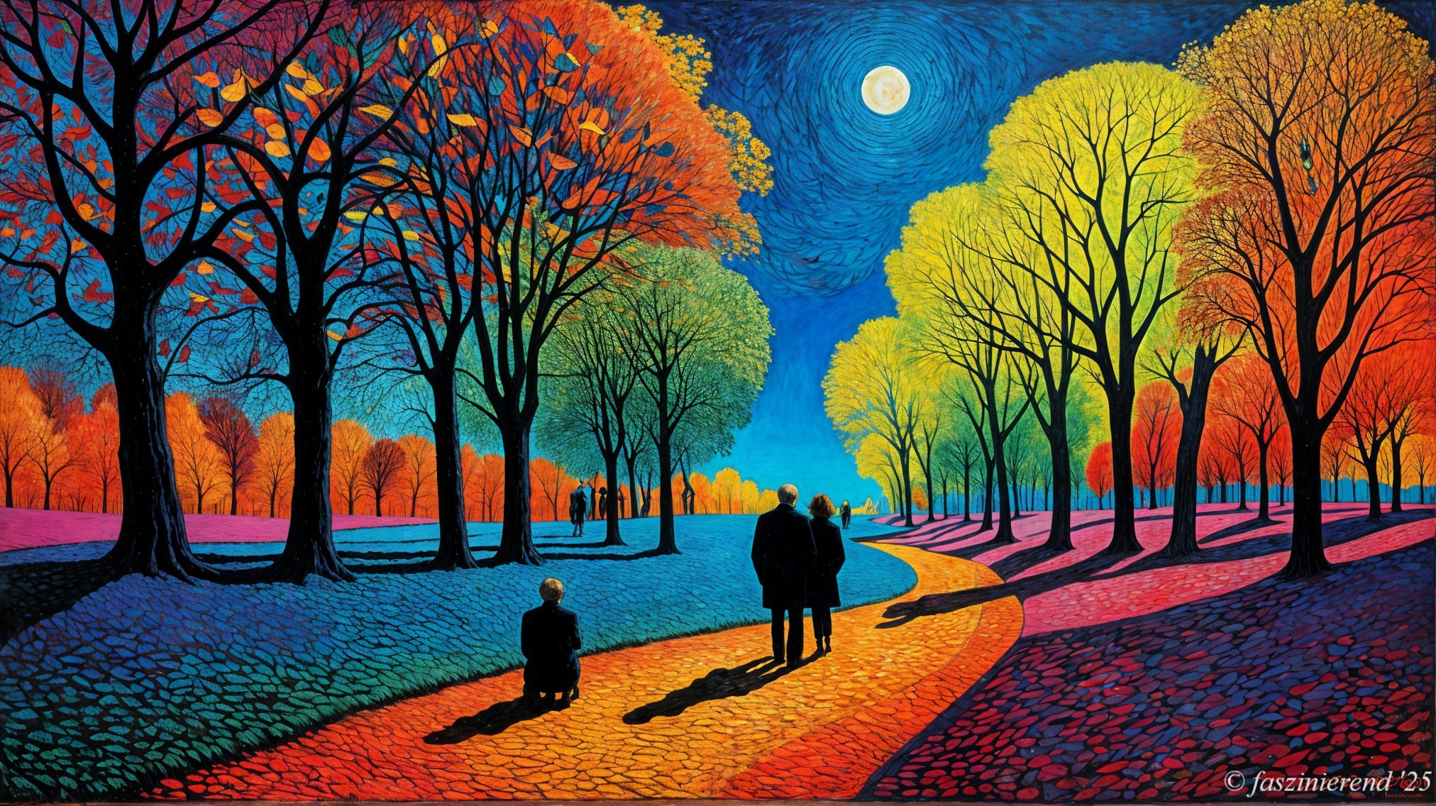 Vibrant Moonlit Landscape with Colorful Trees and Figures