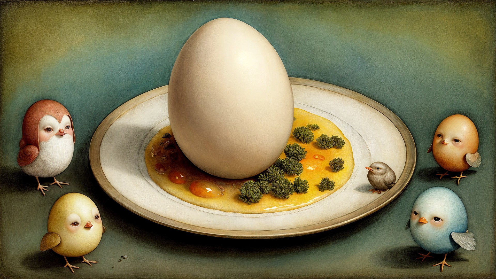 Whimsical Scene of Birds Around an Egg on a Plate