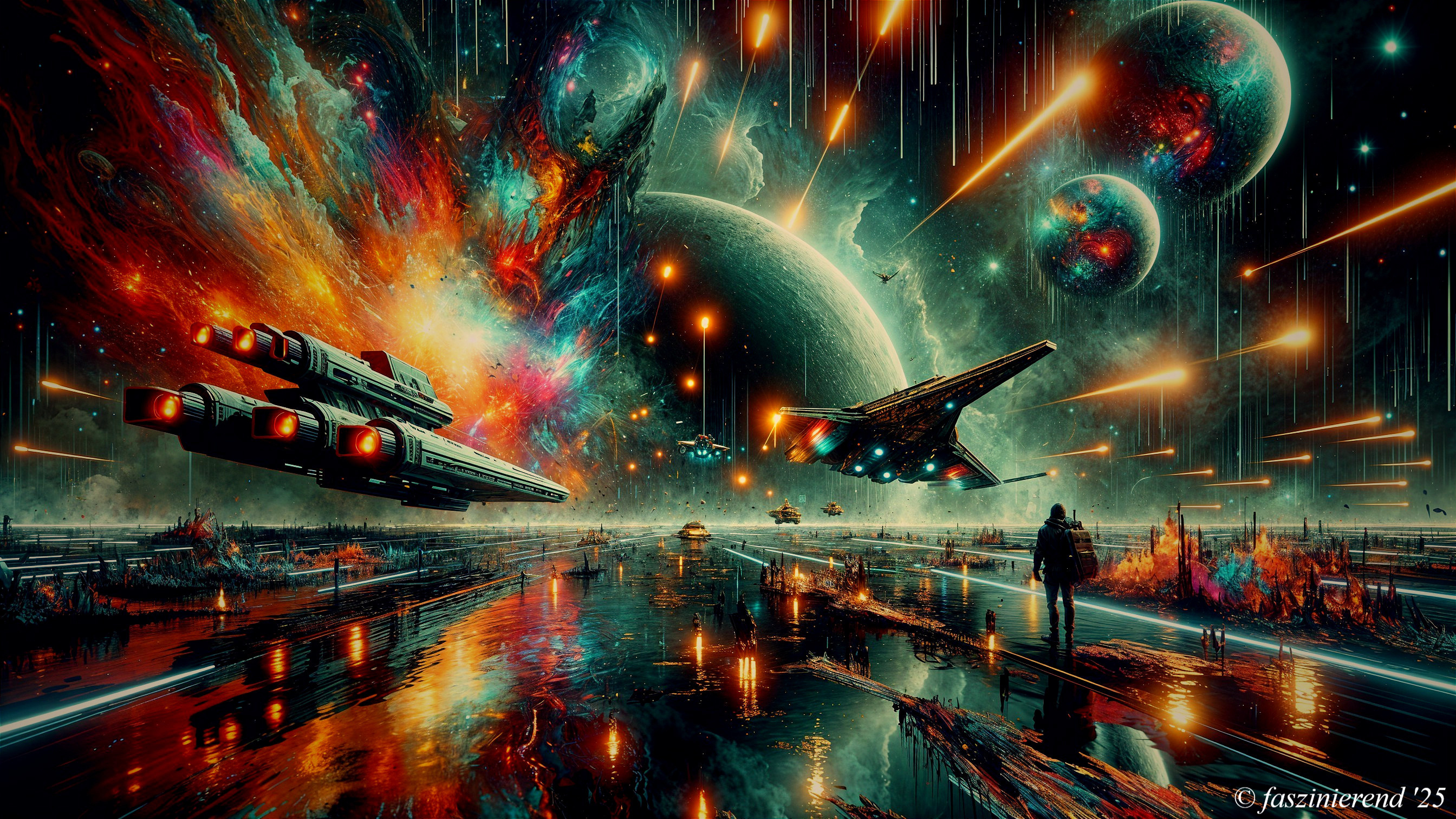 Majestic Cosmic Landscape with Spaceships and Nebulae