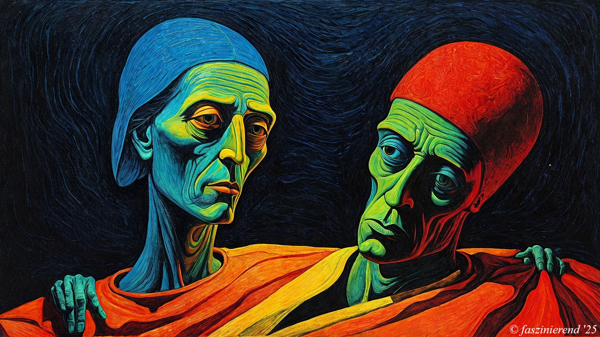 Figures with Elongated Faces in Vivid Colors
