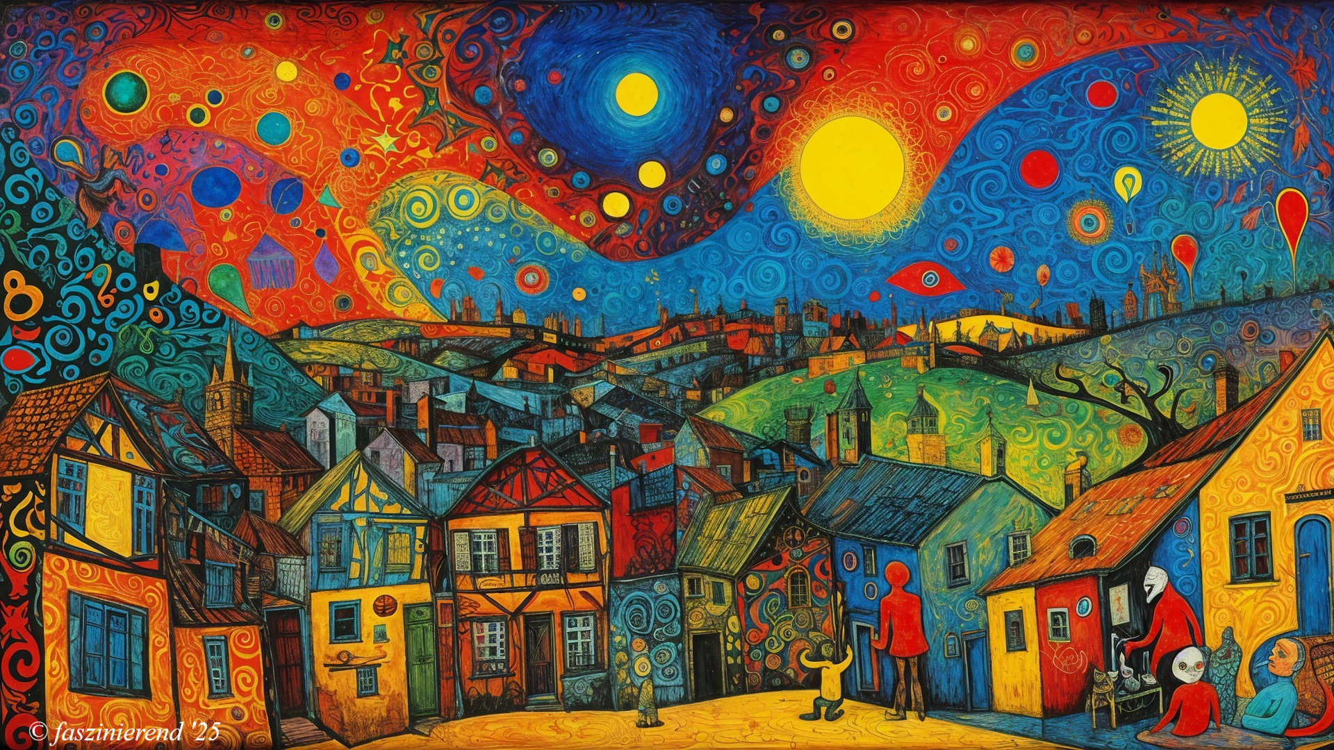Whimsical Town Under a Blue and Gold Sky