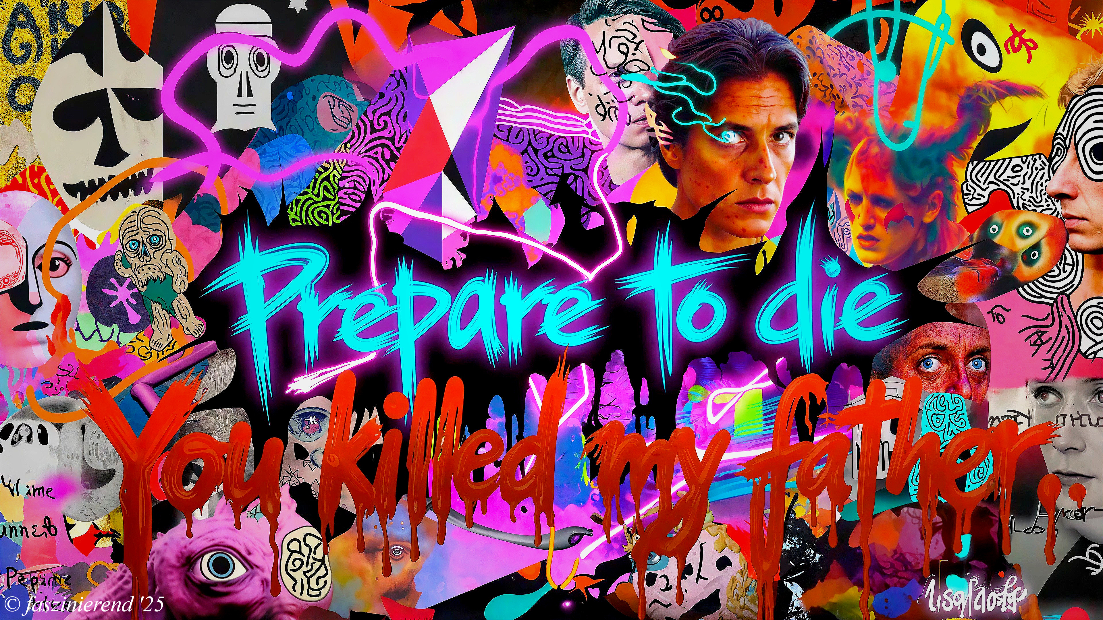 Complex Digital Collage with Neon Text and Abstract Elements