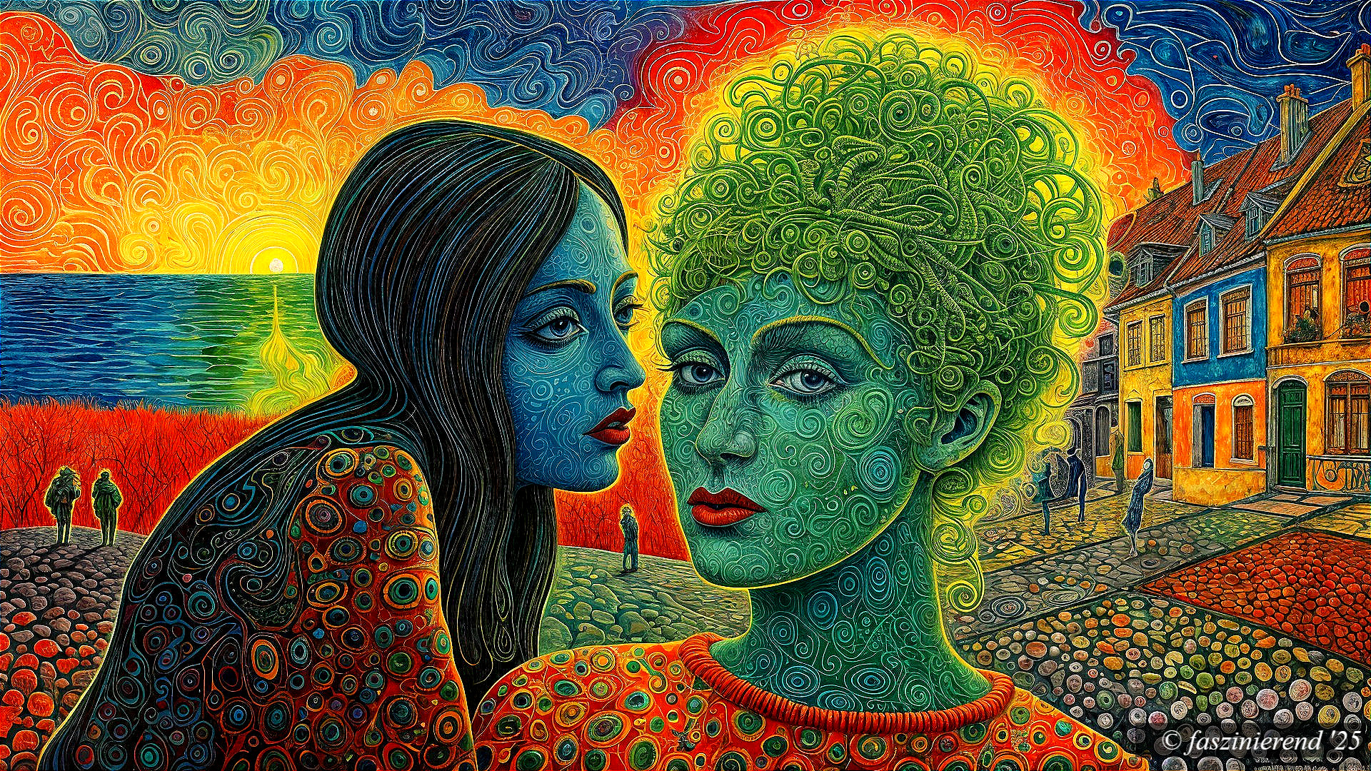 Stylized Figures Against Vibrant Sunset and Urban Scene