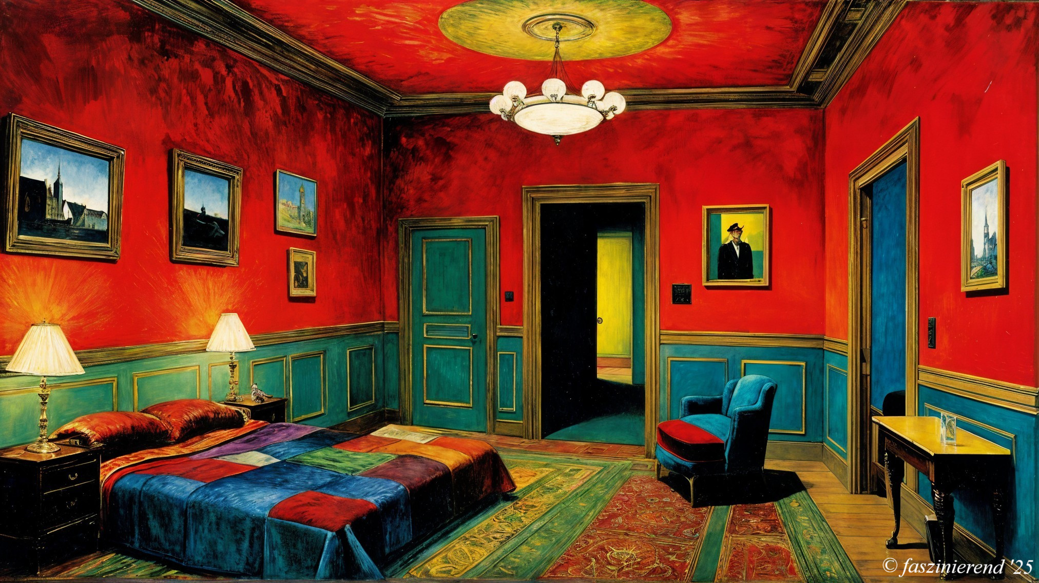 Vivid Bedroom with Red Walls and Colorful Decor