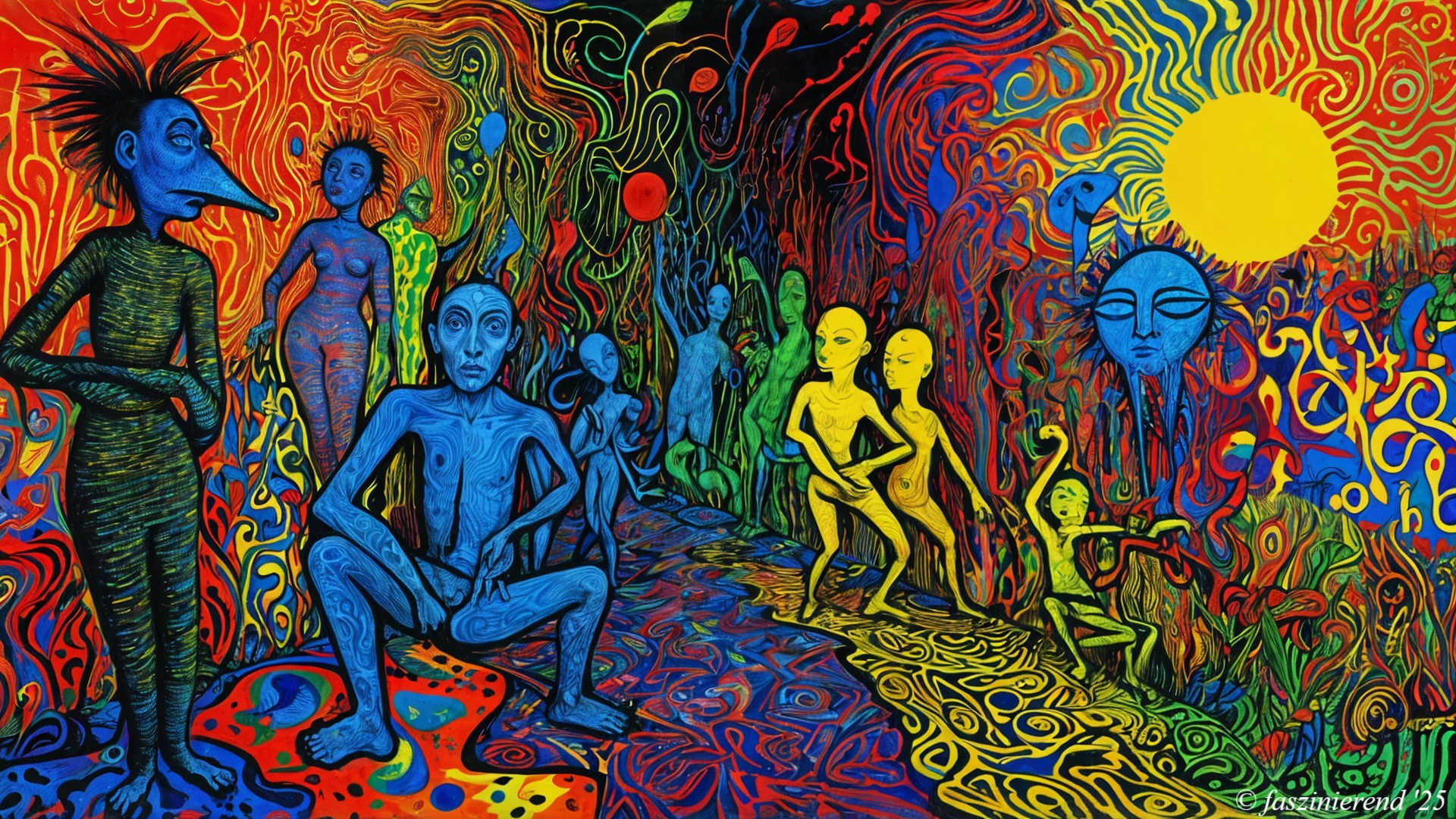 Vibrant Abstract Scene with Dynamic Figures and Colors