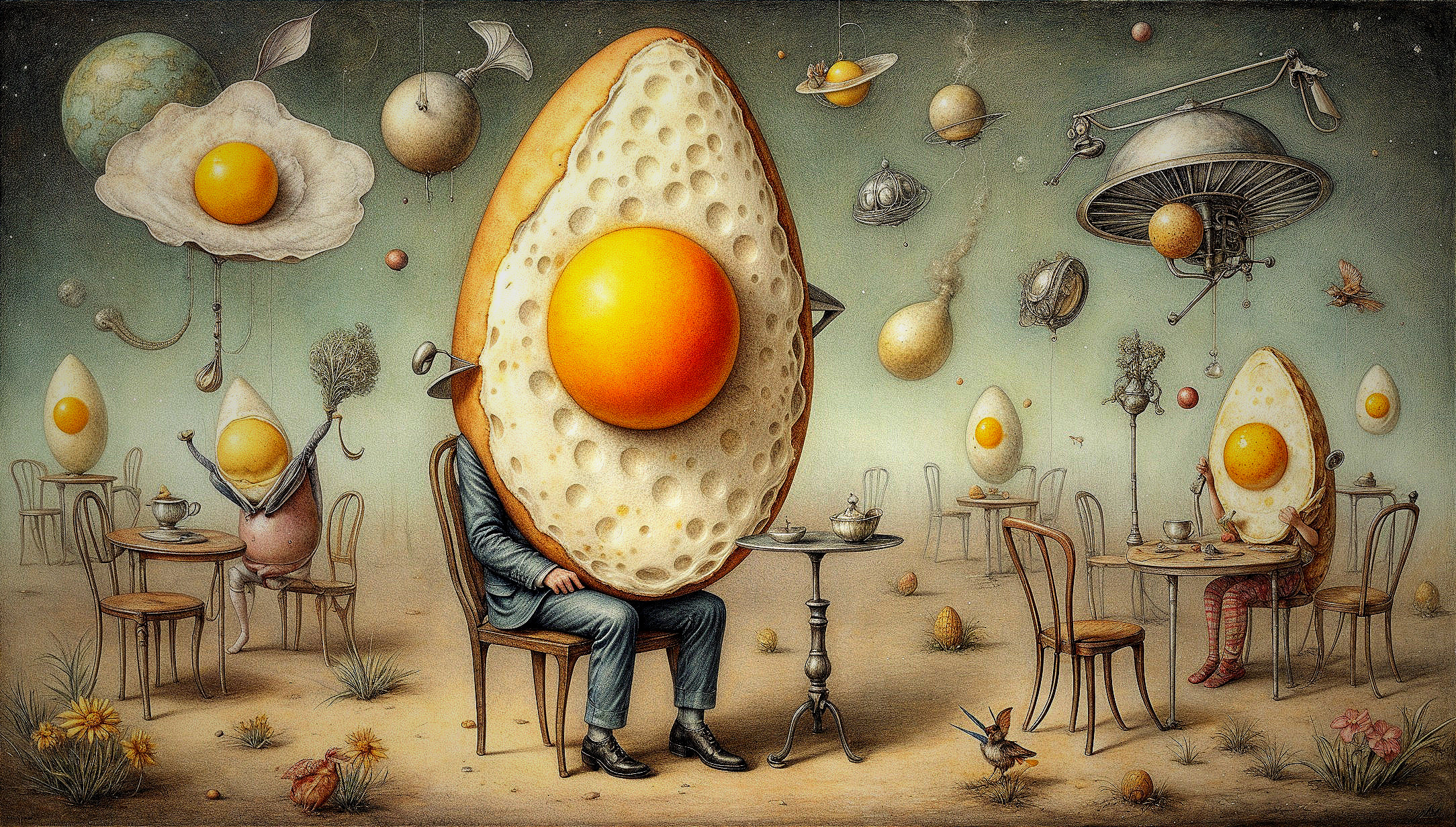Surreal Dining Scene with Egg-Headed Figures