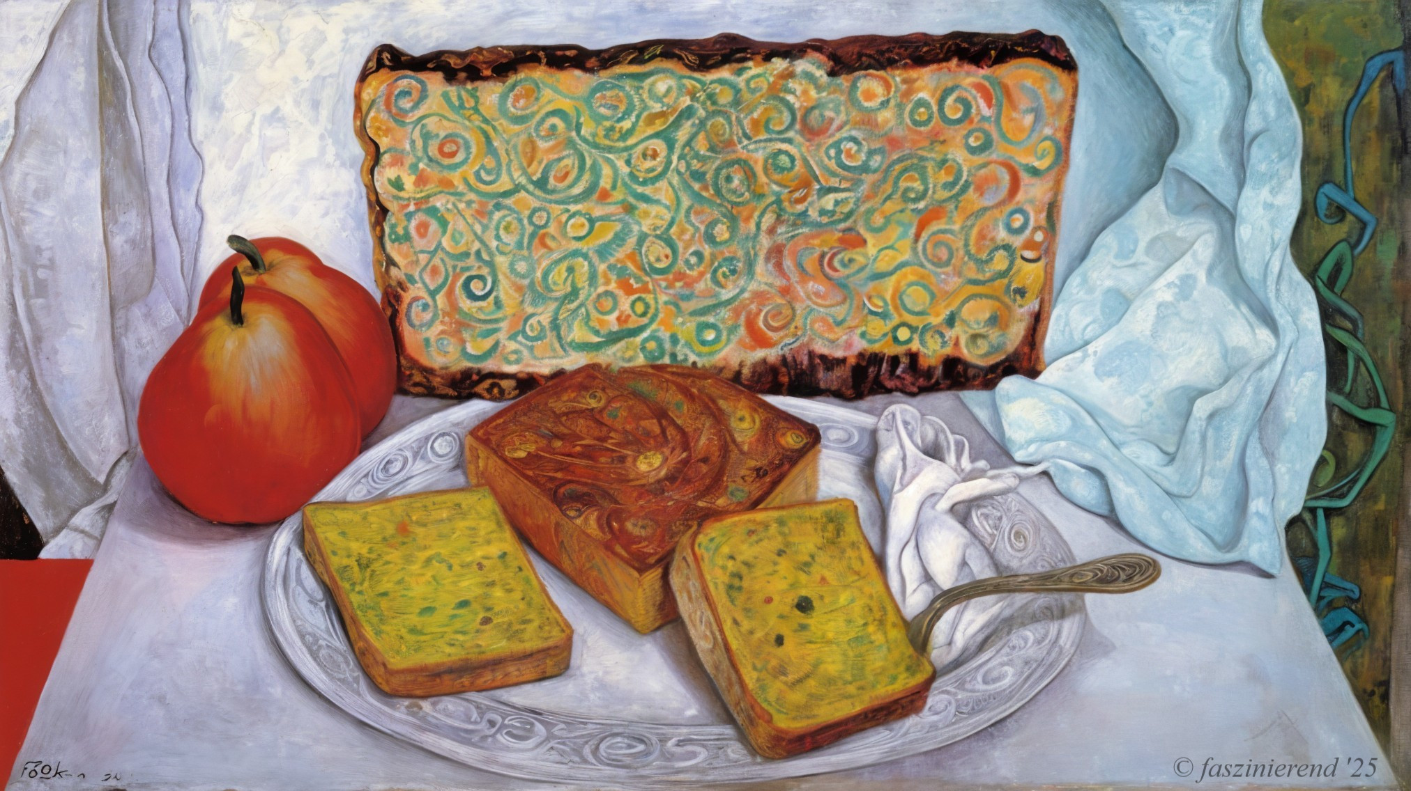 Colorful Still Life with Bread, Pumpkin, and Drapery