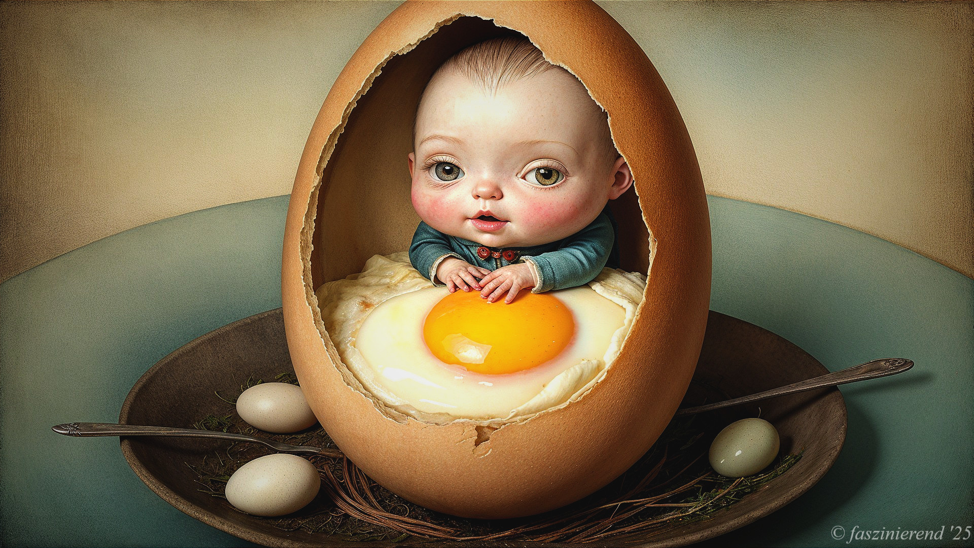 Baby in Cracked Eggshell Surrounded by Colorful Eggs