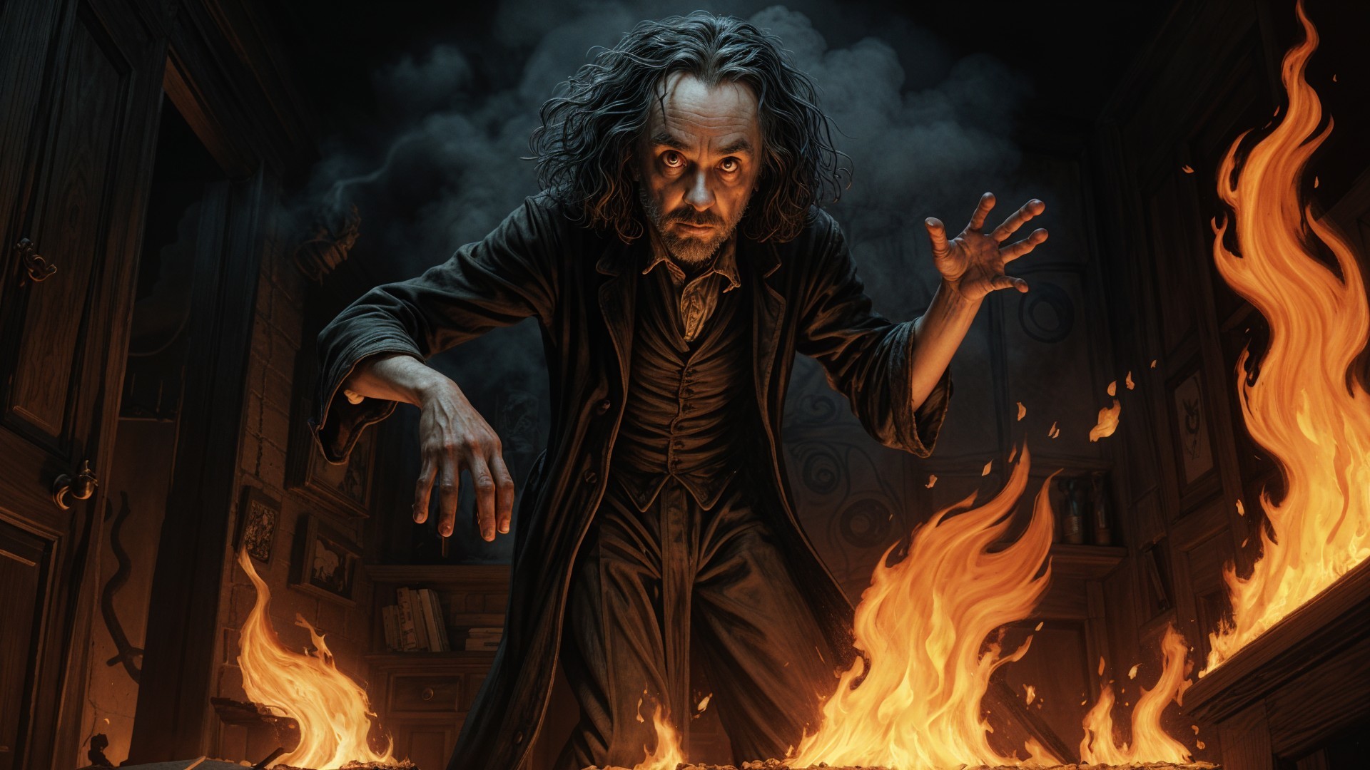 Mysterious Figure in Dimly Lit Room with Flames