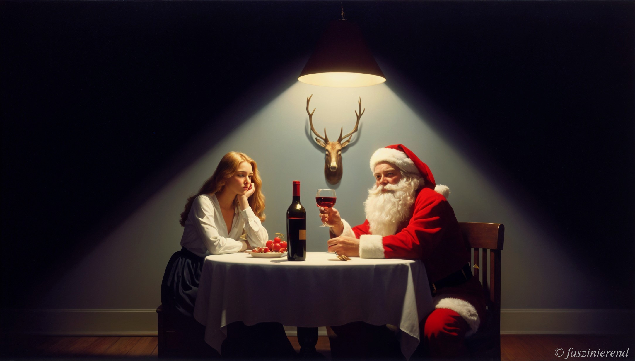 Festive Scene with Woman and Santa Claus in Cozy Room