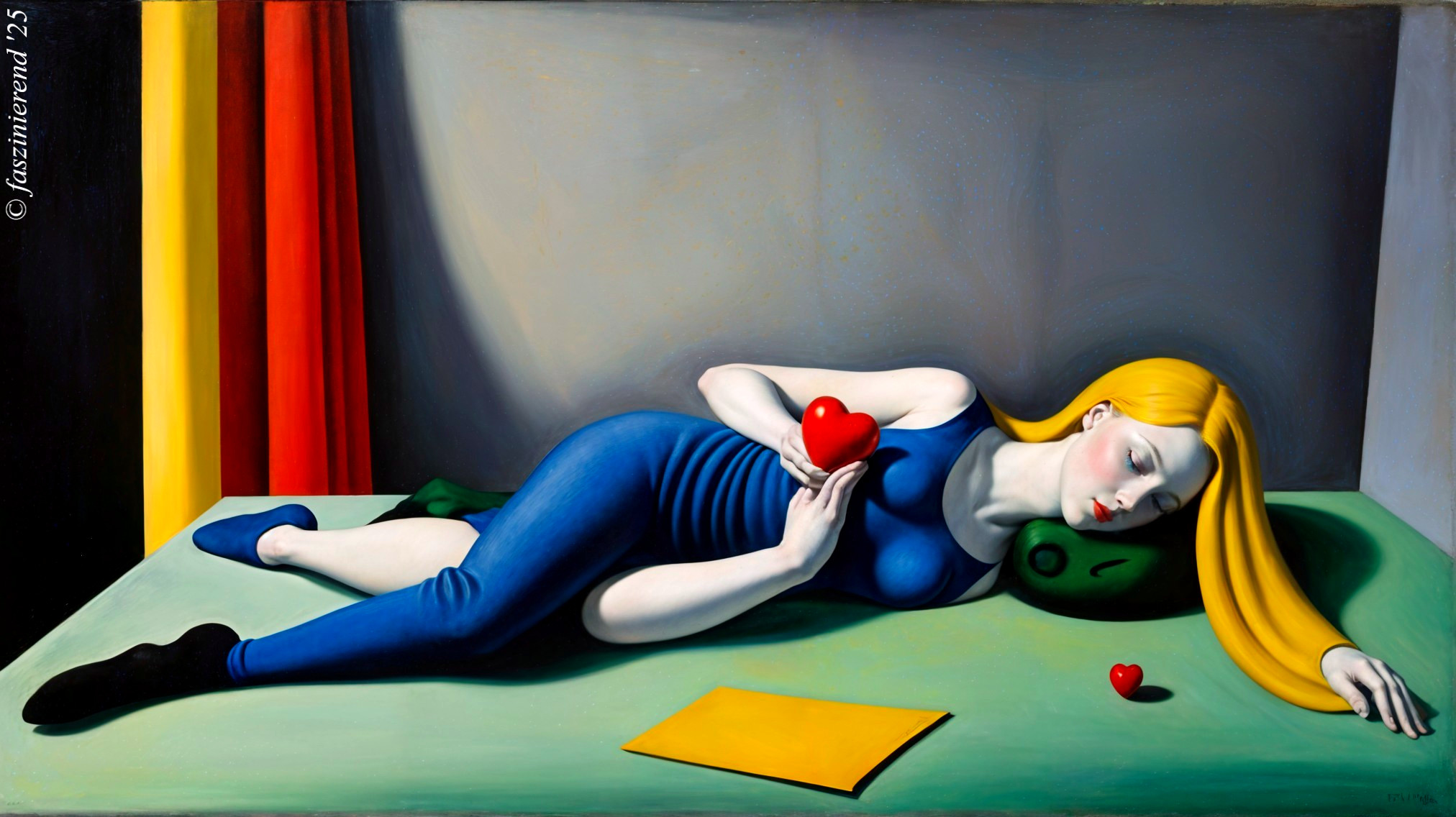 Surreal Artwork of Woman with Hearts and Green Figure