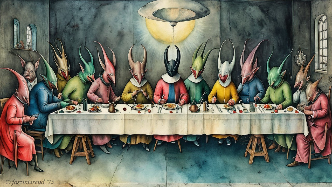 Surreal Last Supper with Colorful Horned Figures
