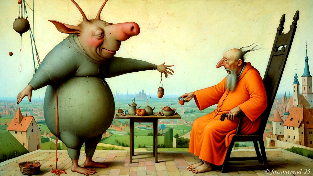 Whimsical Pig Offers Fruit to Thoughtful Old Man