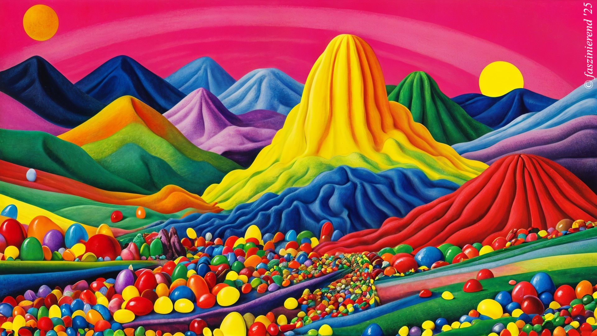 Vibrant Landscape with Colorful Mountains and Eggs