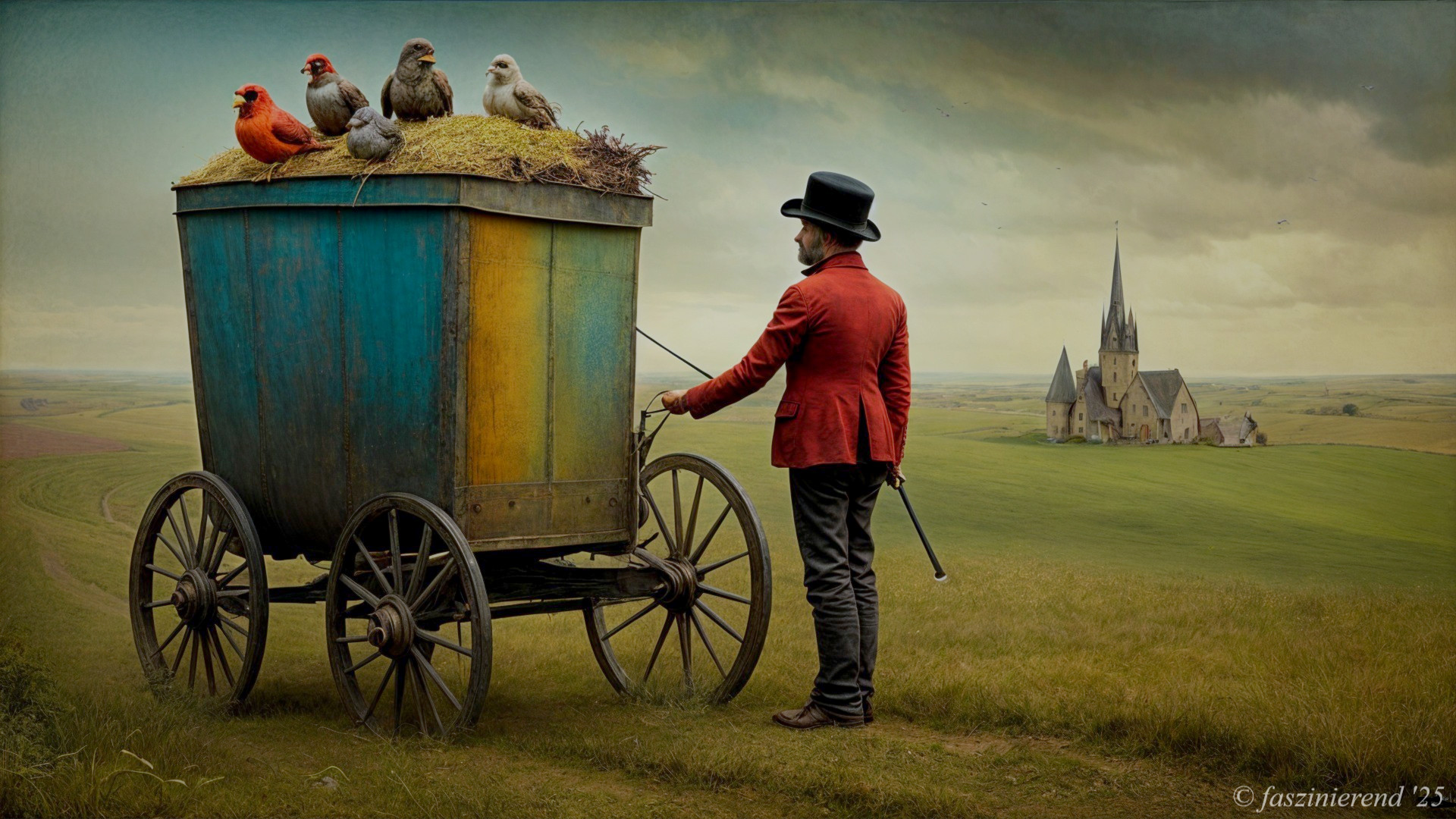 Man in Red Coat Beside Colorful Bird Cart in Landscape