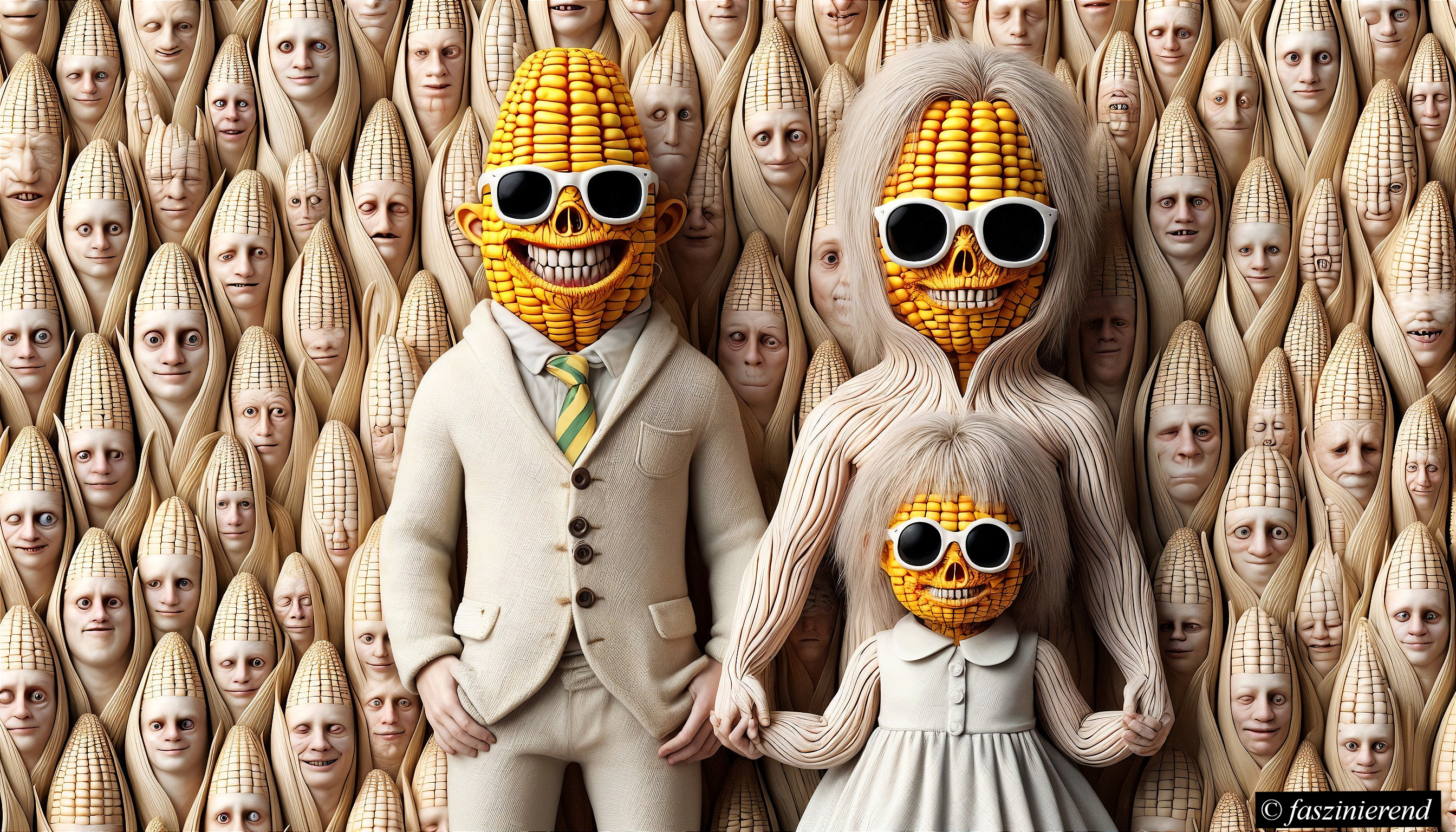 Family with Corn Kernels for Heads in Surreal Setting