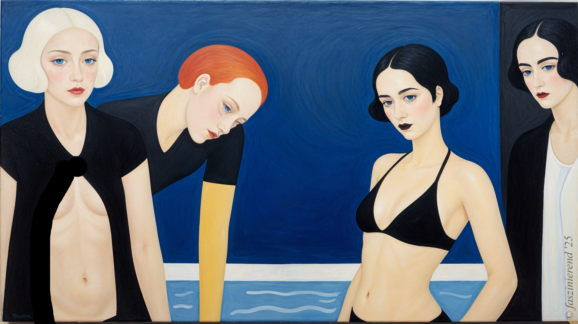 Four Women in Distinct Styles Against Blue Background