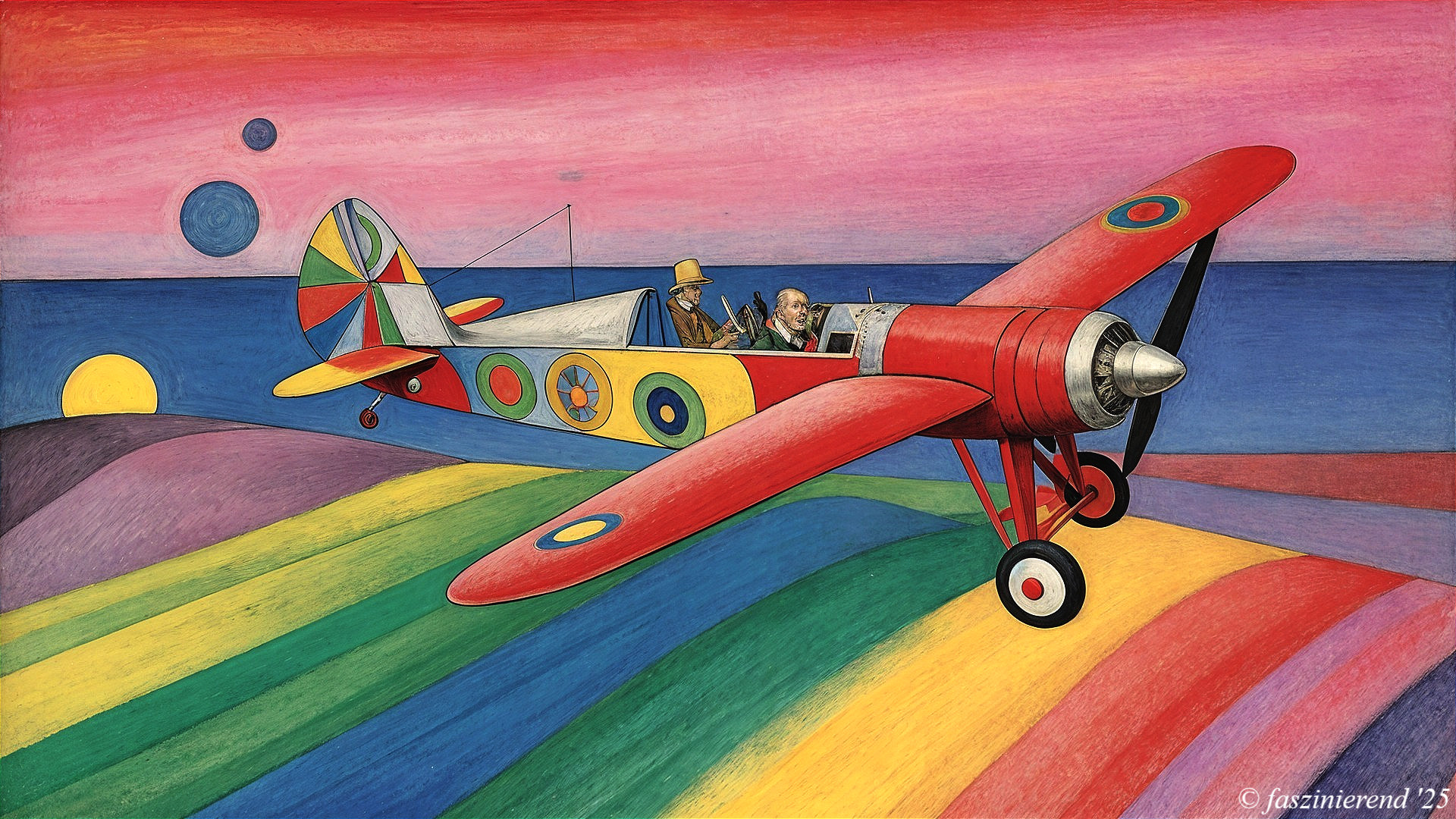 Whimsical Painting of a Red Biplane in Colorful Sky
