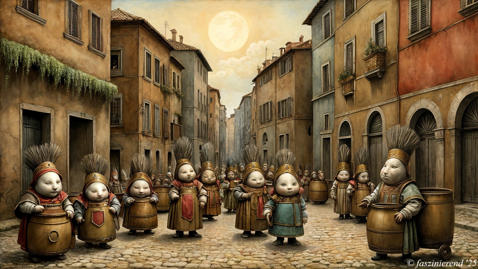 Whimsical Figures in Rustic Street Under Moonlight