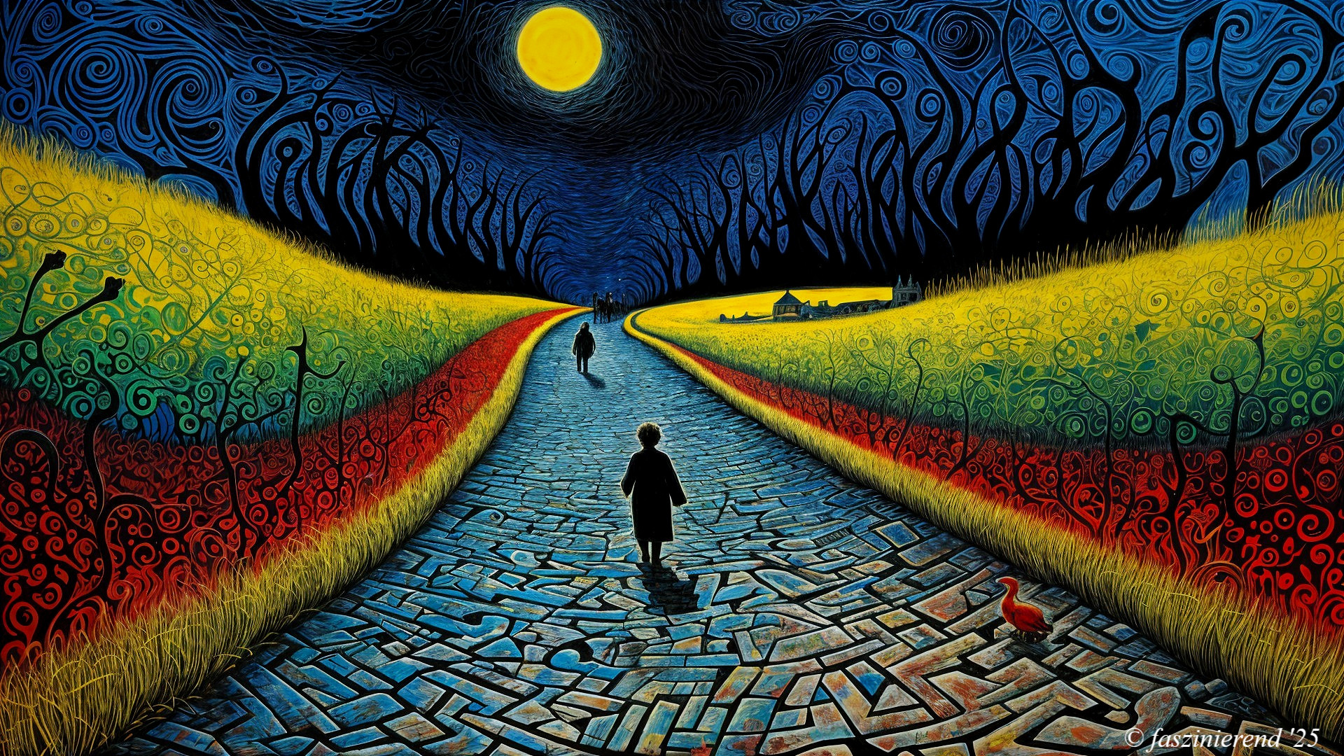Surreal Landscape with Moonlit Path and Figures