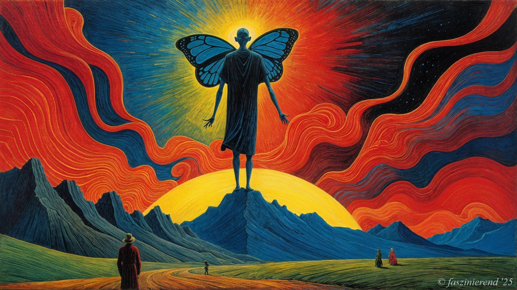 Surreal Landscape with Vibrant Colors and Butterfly Figure