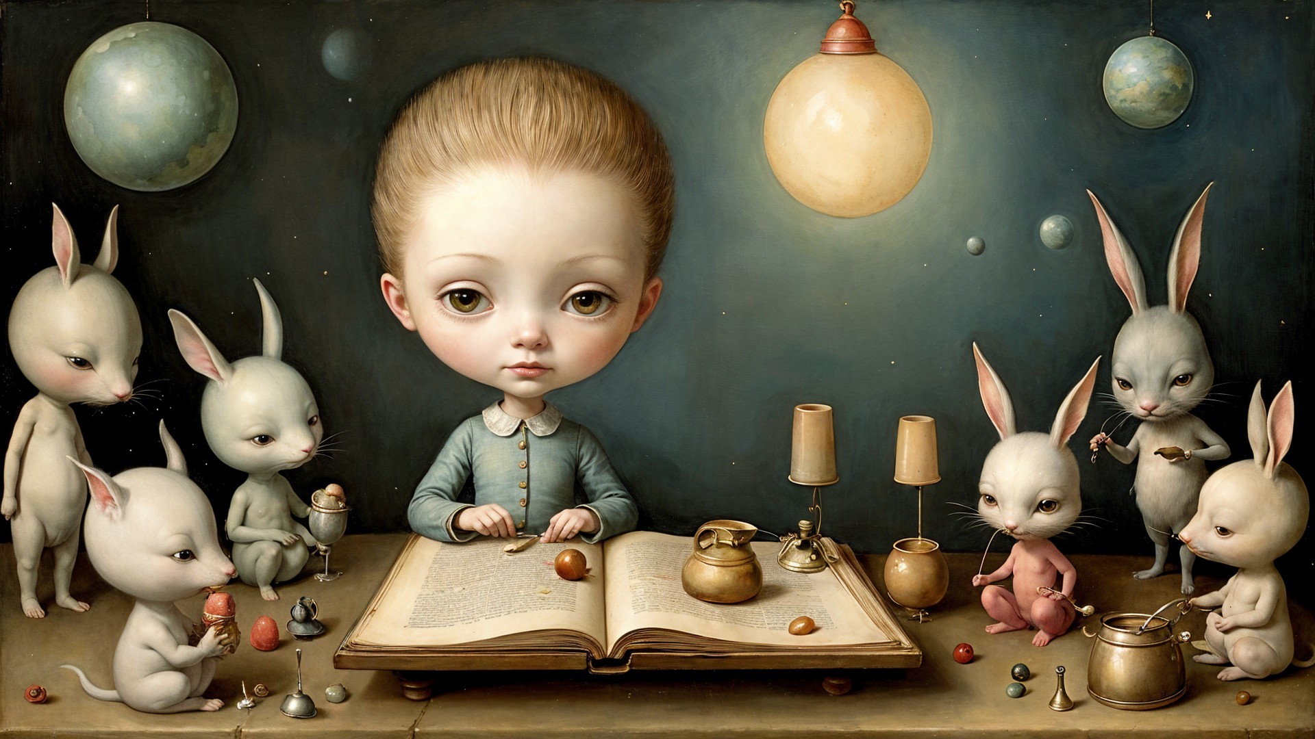 Whimsical Scene of a Girl and Anthropomorphic Rabbits