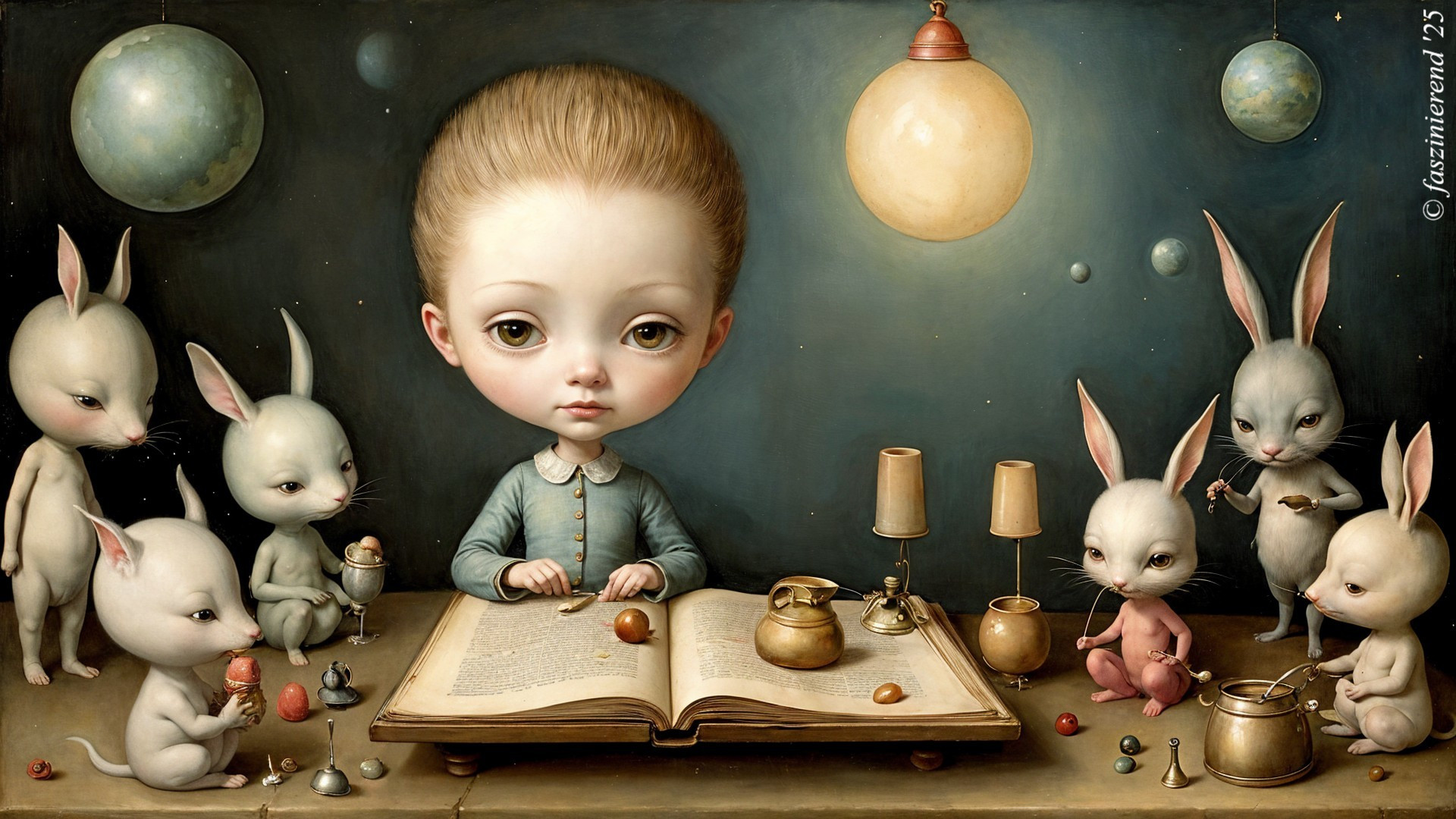 Whimsical Scene of a Girl and Anthropomorphic Rabbits