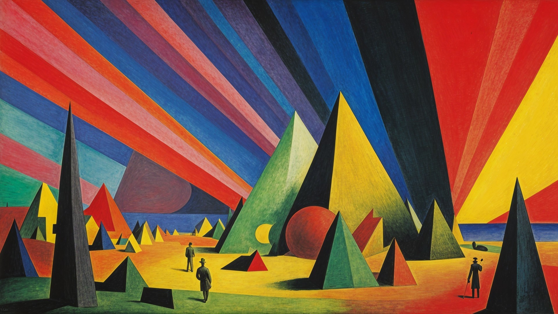 Vibrant Landscape with Geometric Shapes and Figures