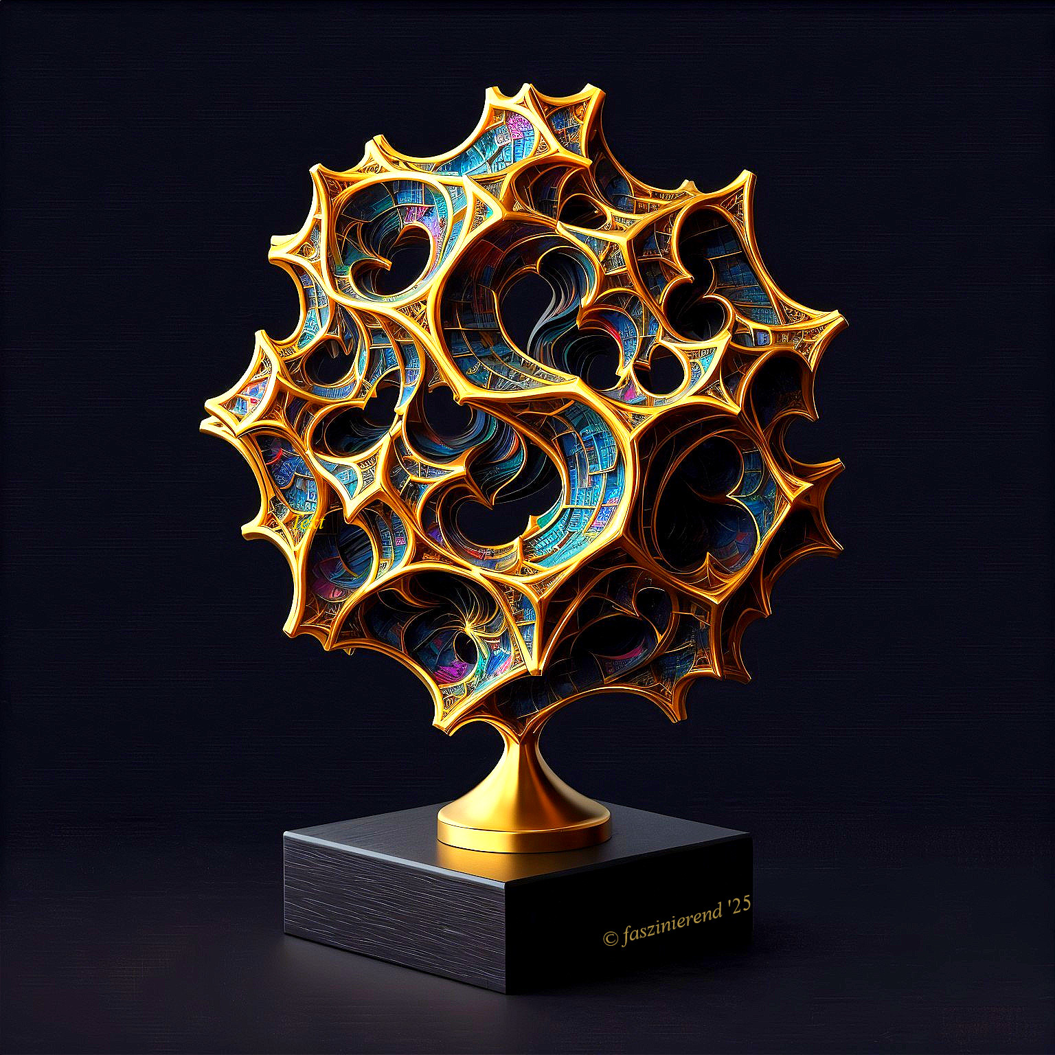 Fractal Pattern Sculpture with Golden Web Structure