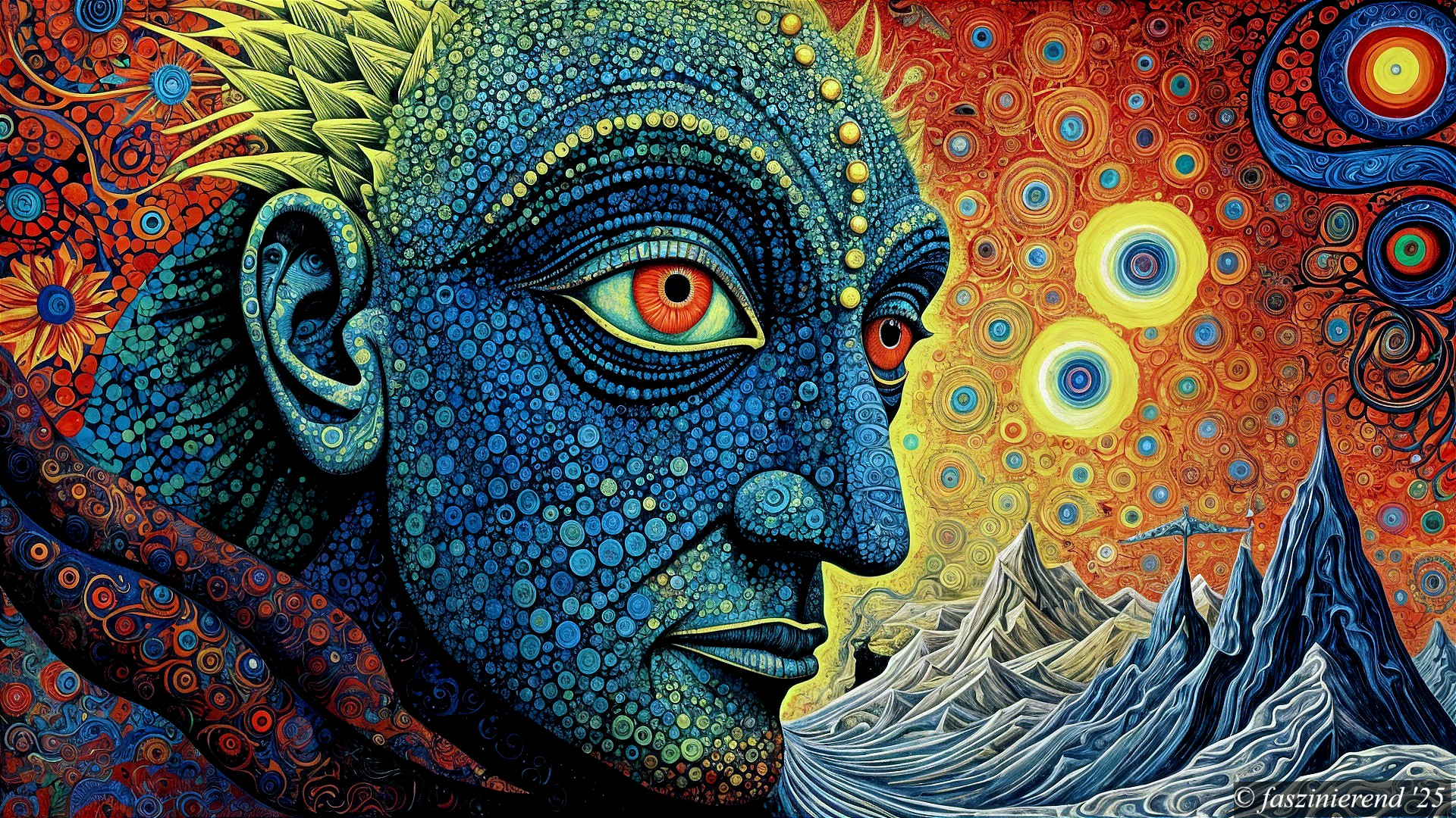 Surreal Portrait of a Blue-Skinned Figure in Vivid Tapestry