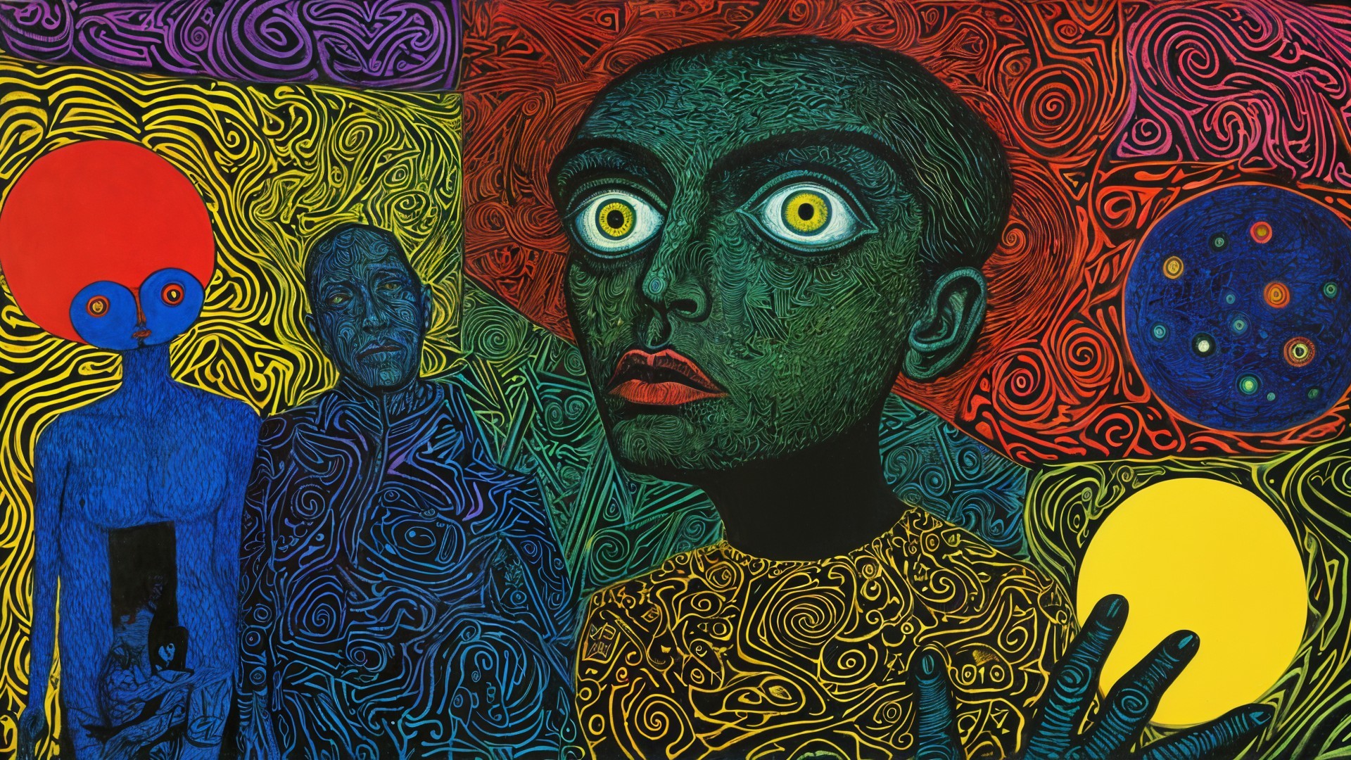 Vibrant Surreal Composition with Abstract Figures