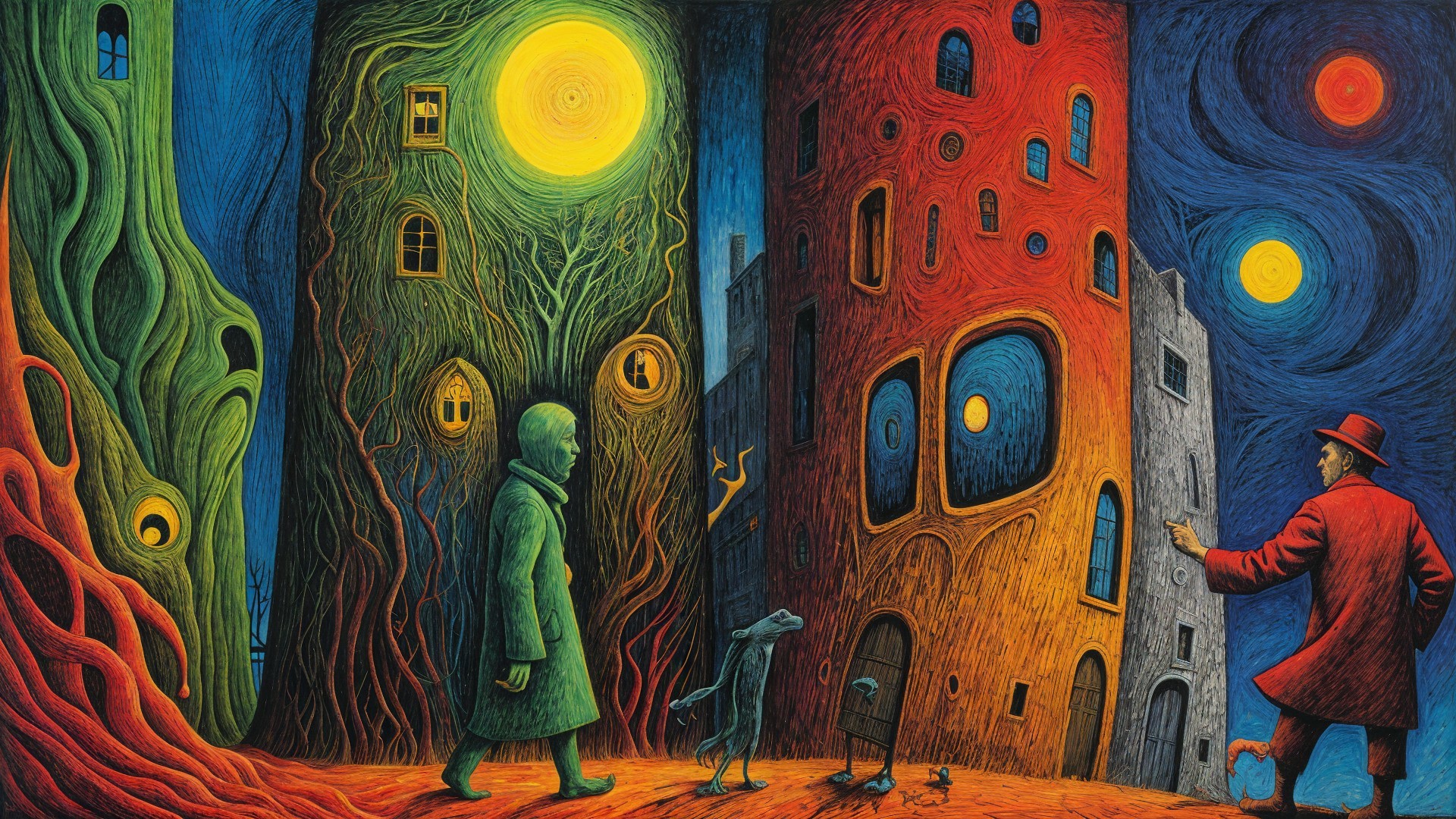 Surreal Landscape with Figures and Abstract Buildings