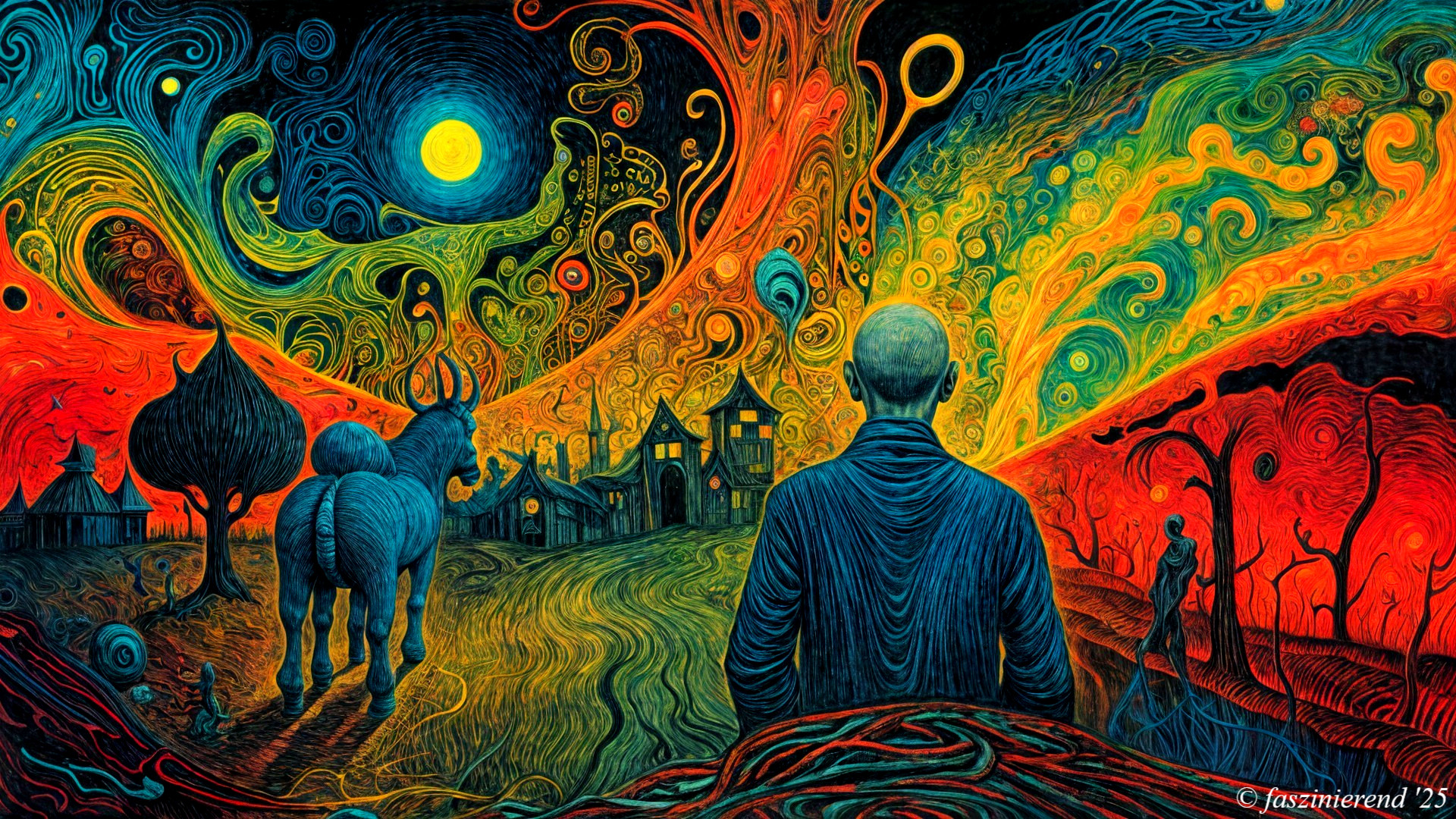 Surreal Landscape with Figure and Blue Horse