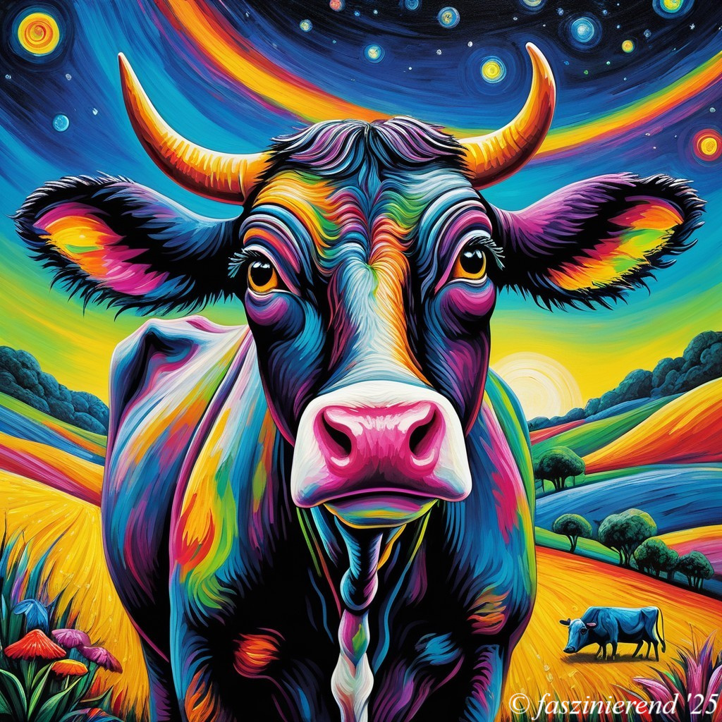 Surreal Colorful Cow in Dreamlike Landscape Scene