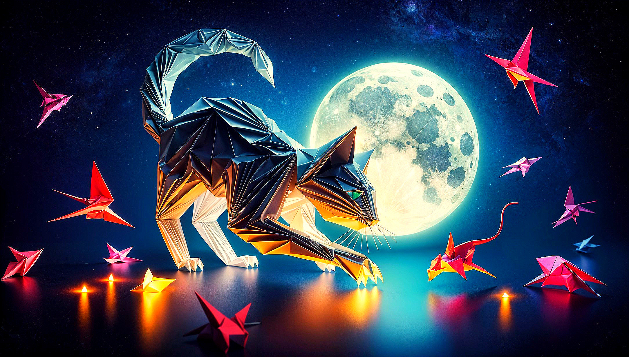 Geometric Origami Cat Under Full Moon with Cranes