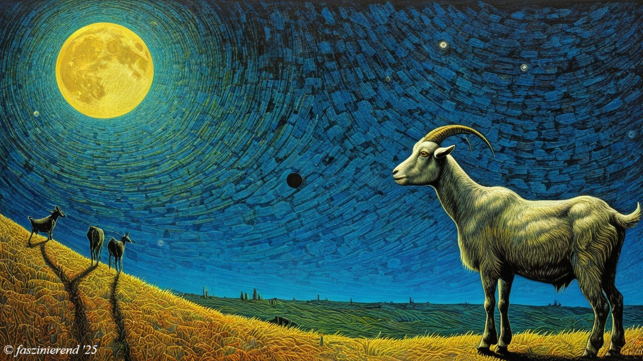 Night Scene with Moon and Goats on a Hillside