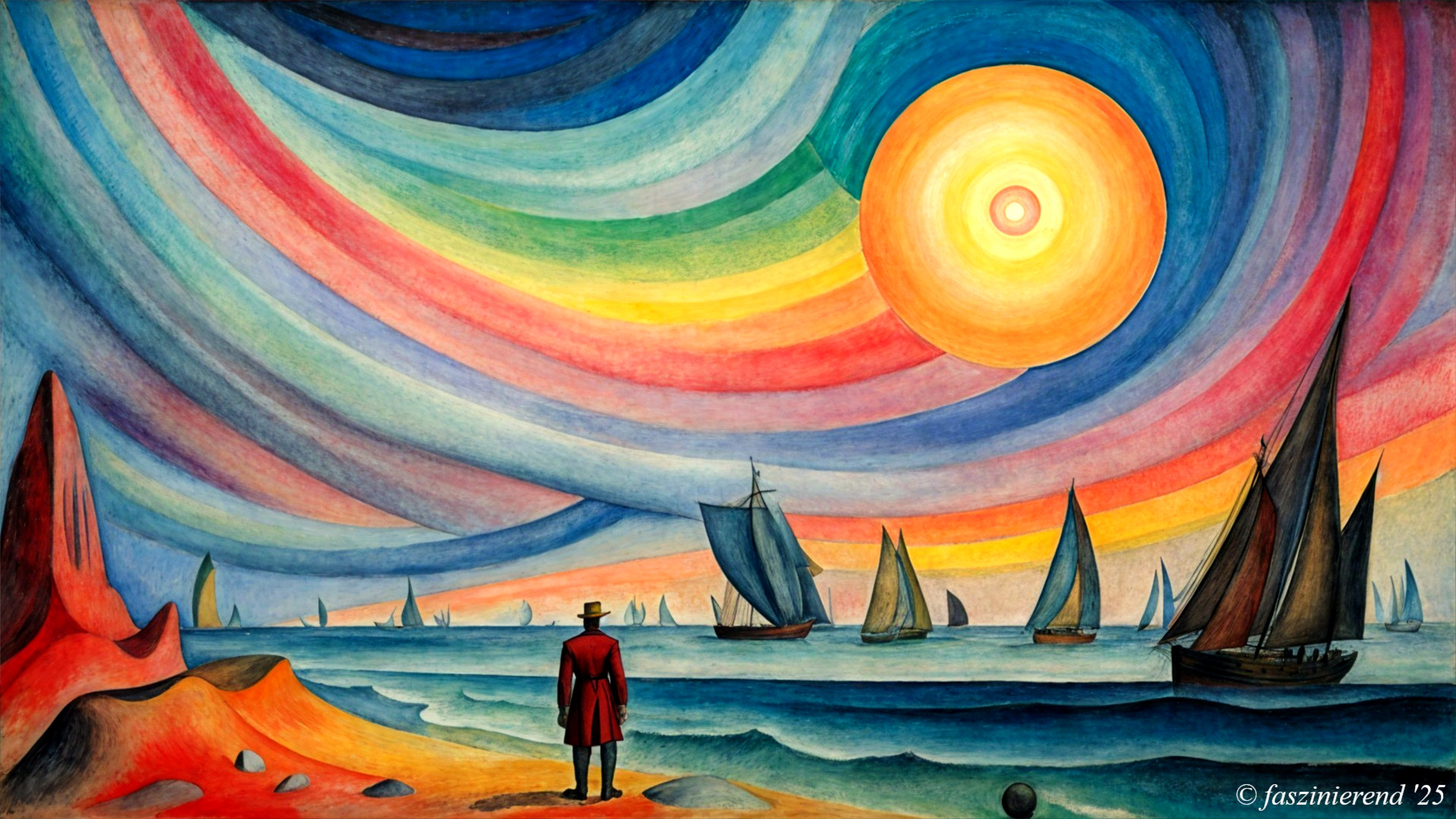 Surreal Landscape with Dramatic Sky and Sailboats