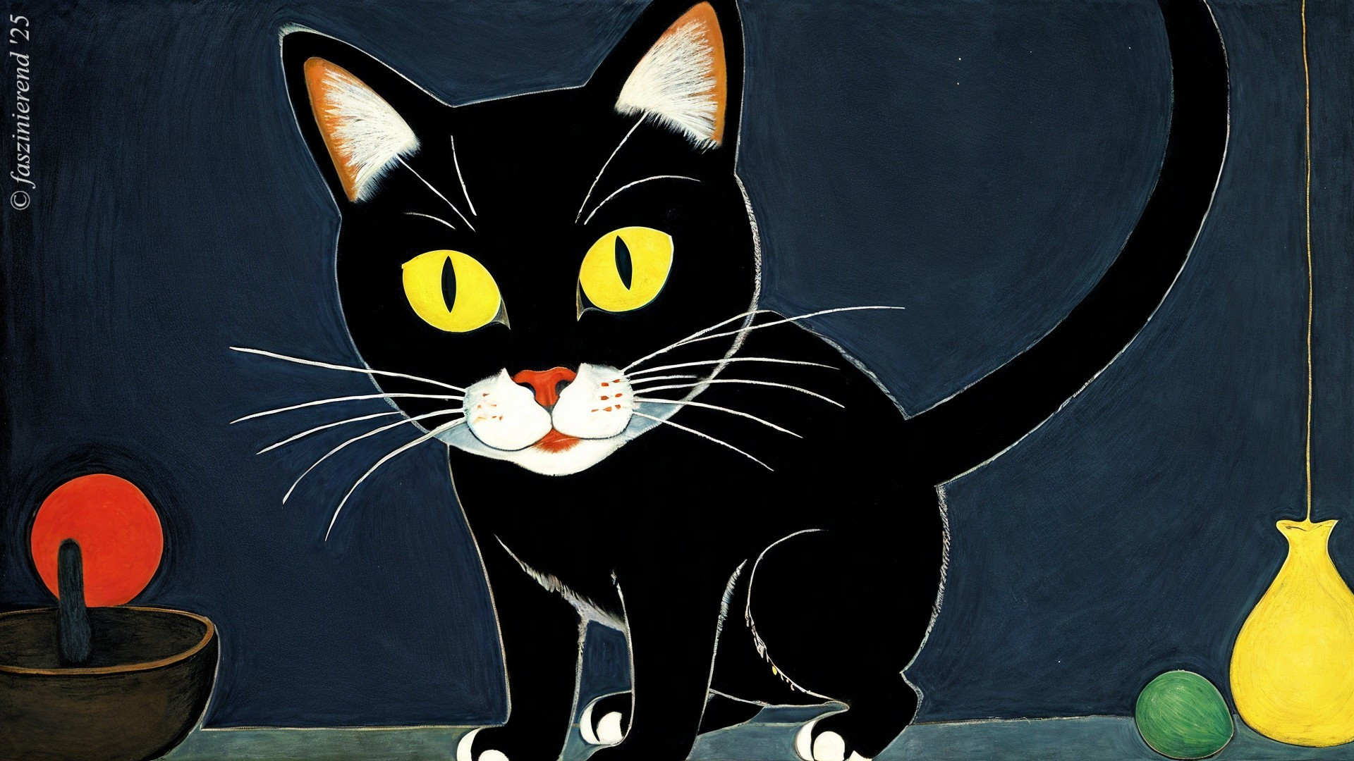 Stylized Black Cat with Bright Eyes on Blue Background