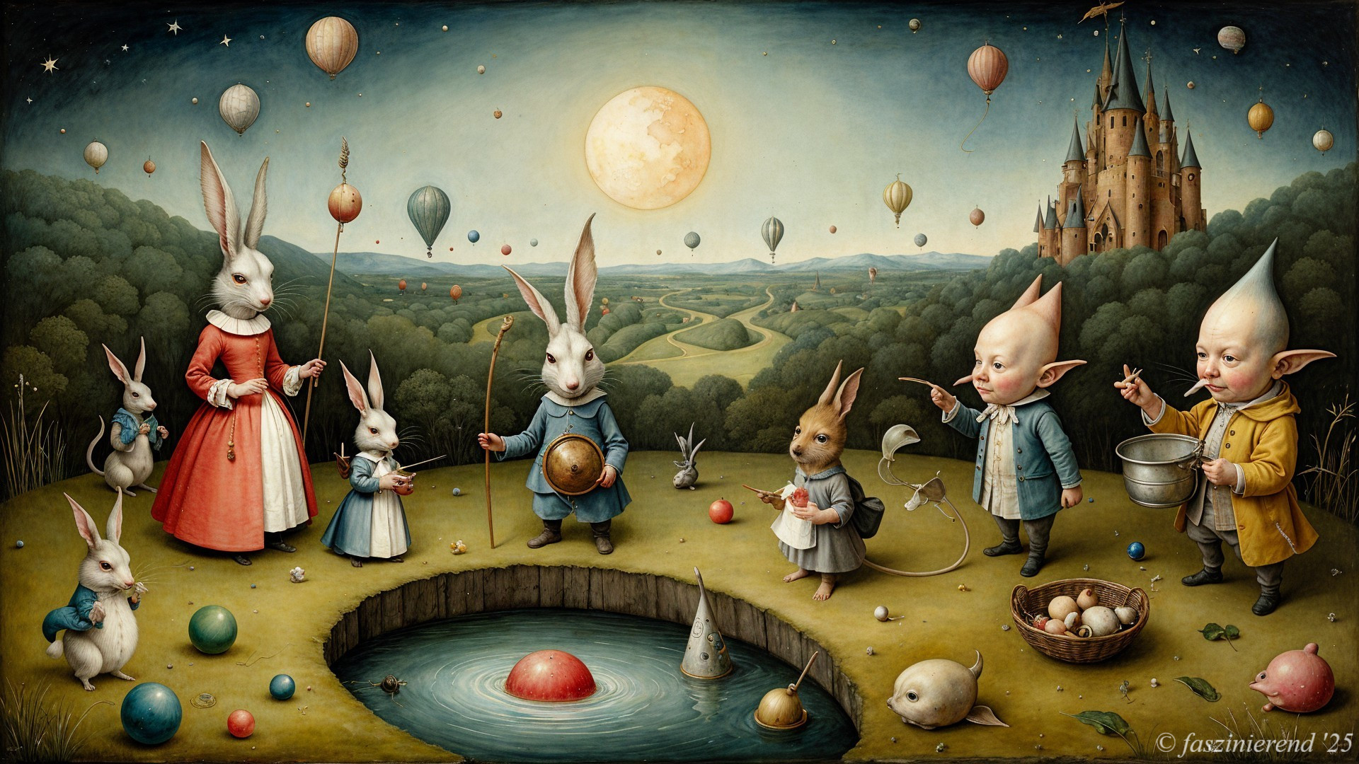Whimsical Landscape with Rabbits and Hot Air Balloons
