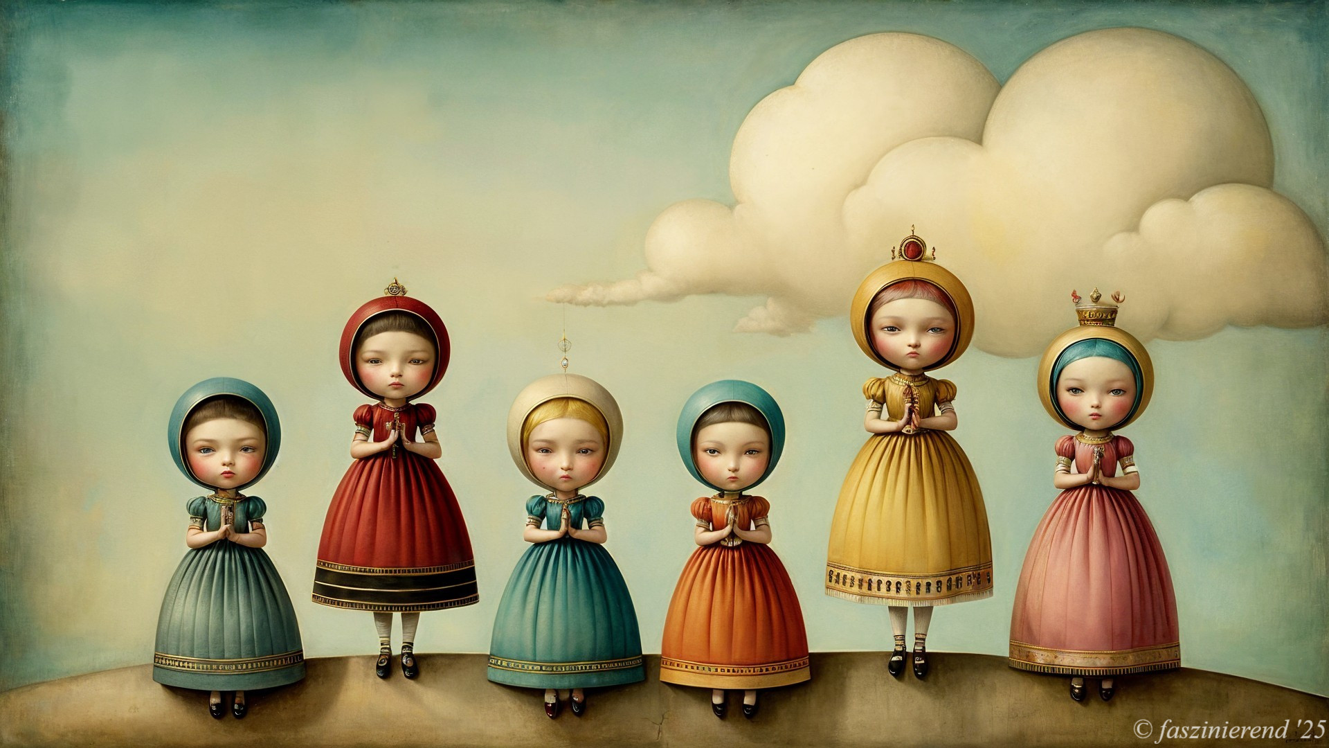 Stylized Doll-Like Characters in Vibrant Dresses